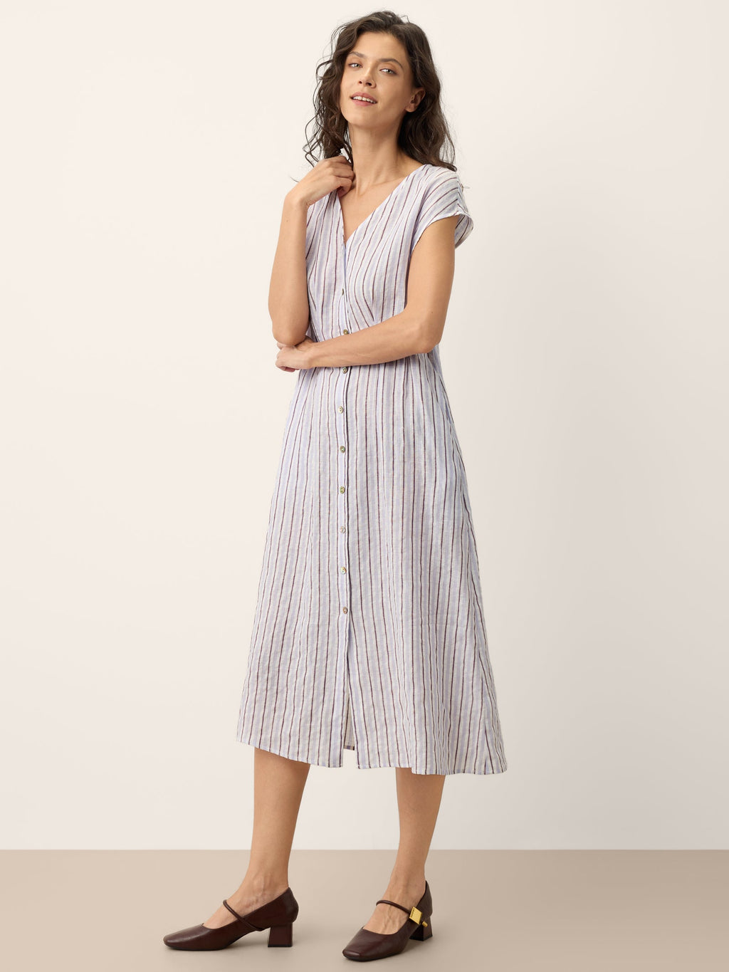 100% Linen Striped Tailored Cap Sleeve Midi Dress AGNES