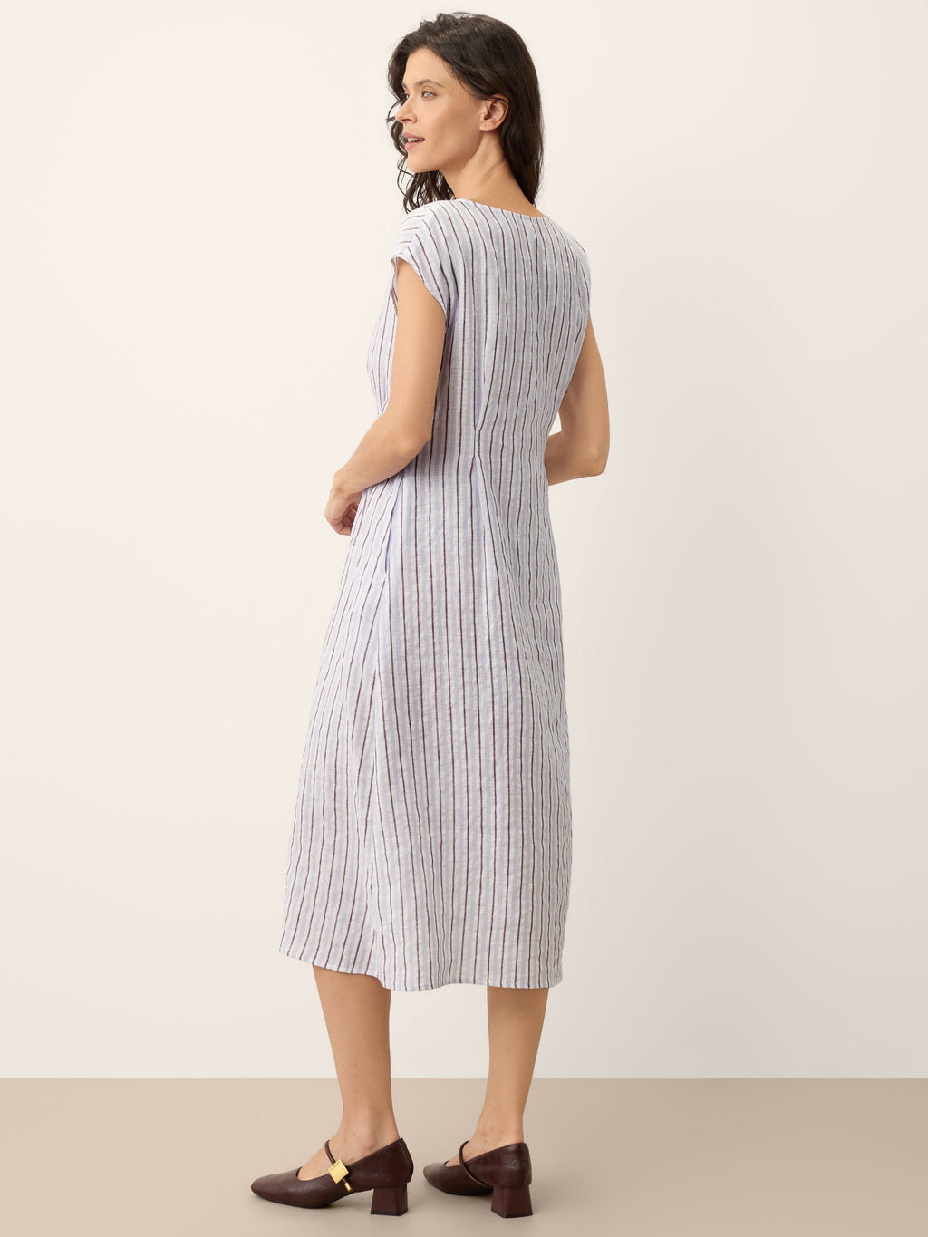 100% Linen Striped Tailored Cap Sleeve Midi Dress AGNES