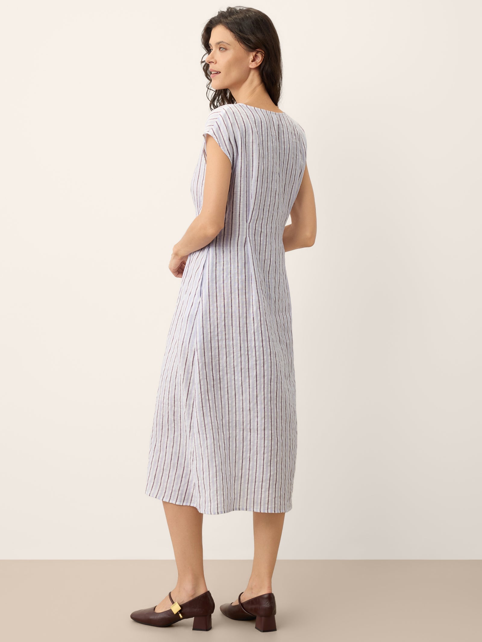 100% Linen Striped Tailored Cap Sleeve Midi Dress AGNES