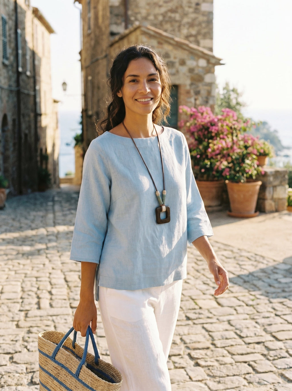 100% Linen Boatneck 3/4 Length Sleeve Top AURORA