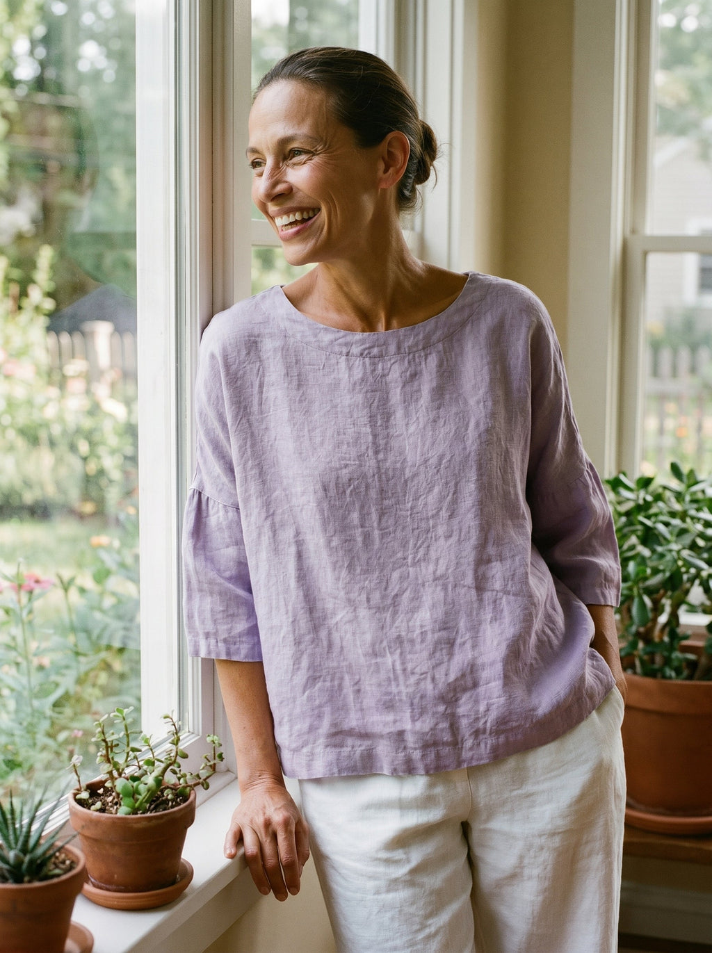 100% Linen Boatneck 3/4 Length Sleeve Top AURORA