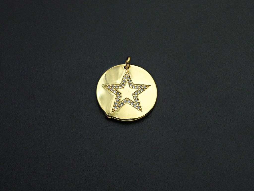 CZ Micro Pave Five Star On Round Coin Pendant,Round Cubic Zirconia Pendant, 10x16mm,Sku#F1095