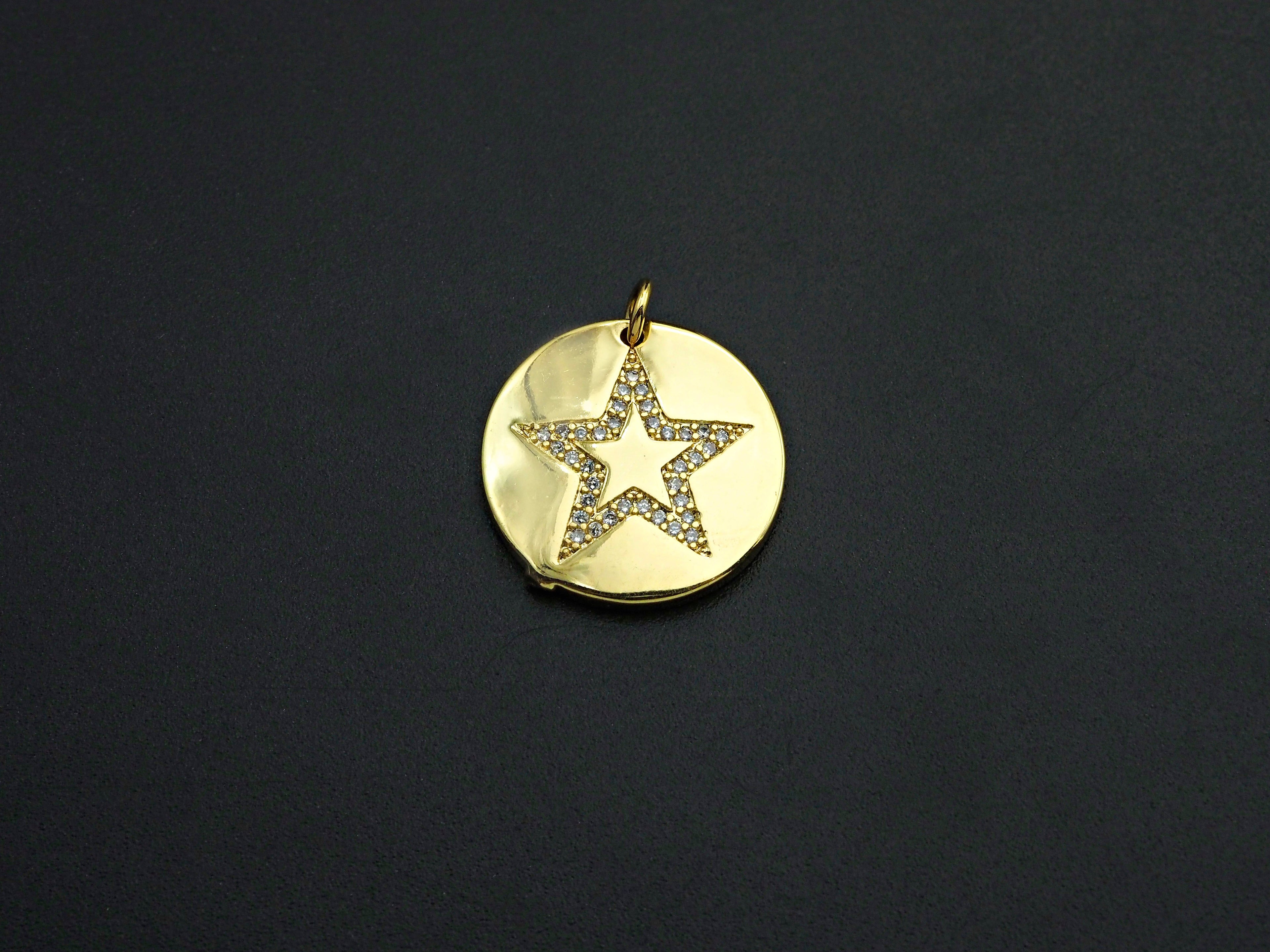 CZ Micro Pave Five Star On Round Coin Pendant,Round Cubic Zirconia Pendant, 10x16mm,Sku#F1095