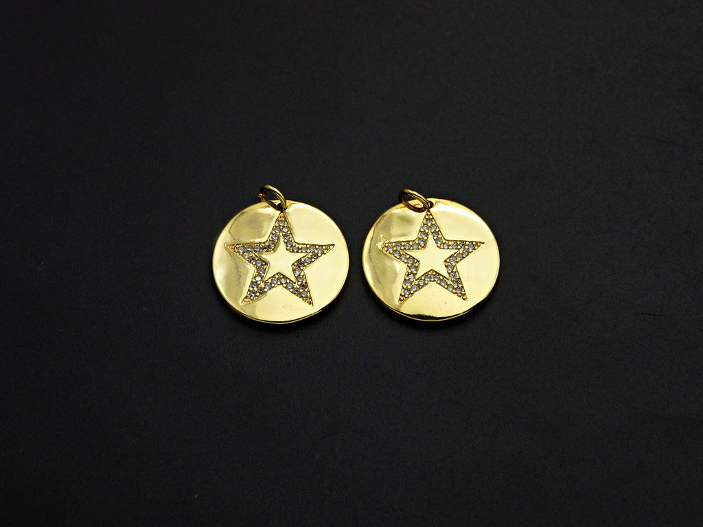 CZ Micro Pave Five Star On Round Coin Pendant,Round Cubic Zirconia Pendant, 10x16mm,Sku#F1095