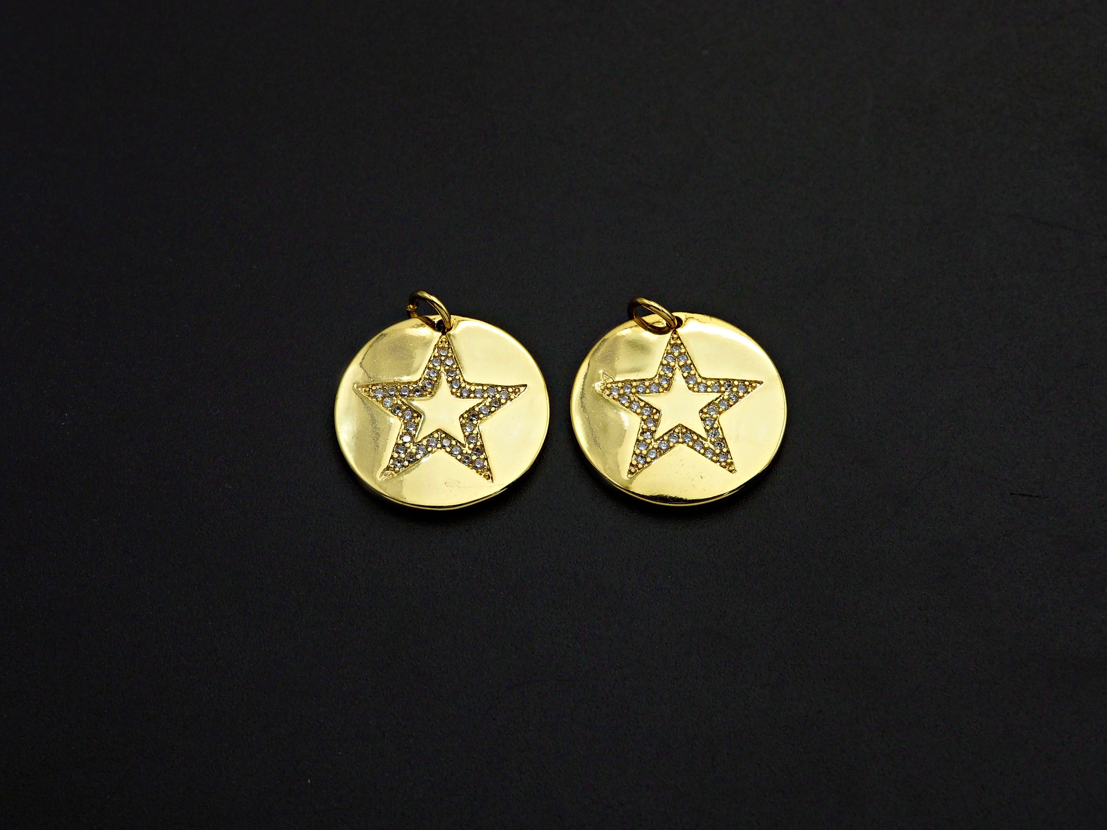 CZ Micro Pave Five Star On Round Coin Pendant,Round Cubic Zirconia Pendant, 10x16mm,Sku#F1095