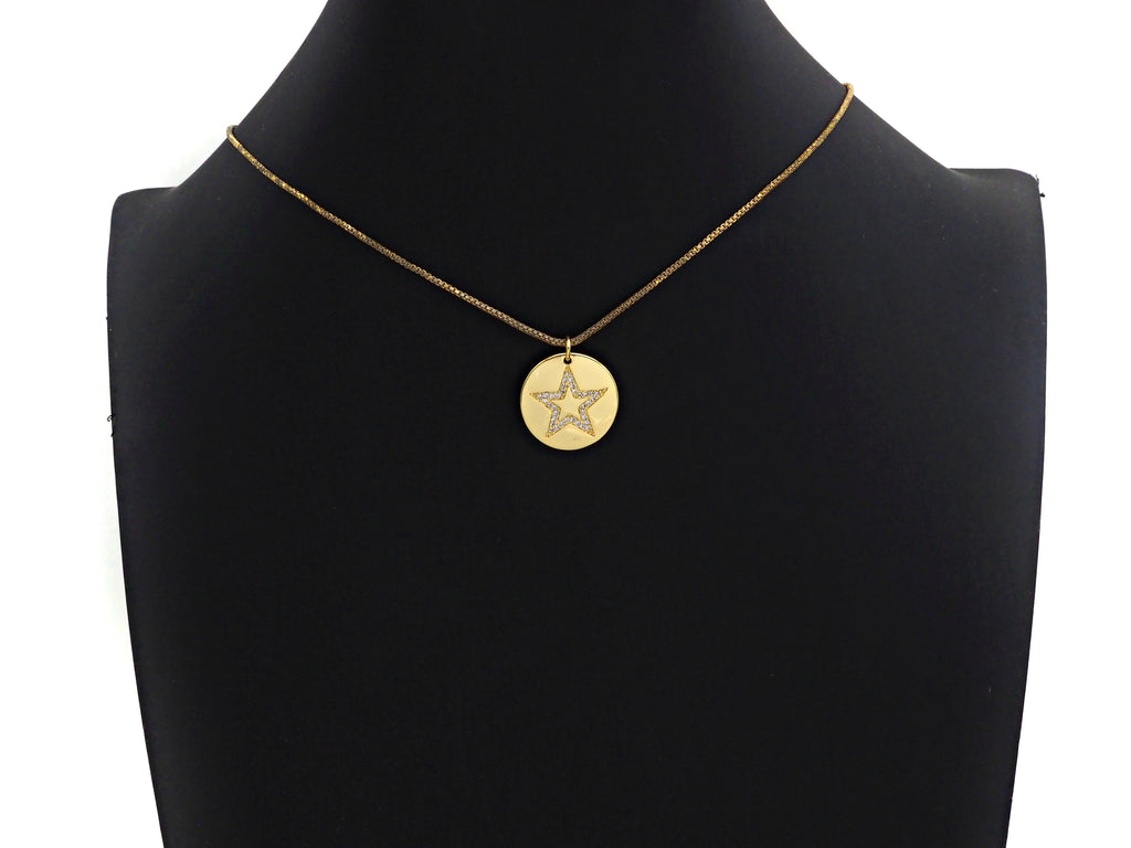 CZ Micro Pave Five Star On Round Coin Pendant,Round Cubic Zirconia Pendant, 10x16mm,Sku#F1095