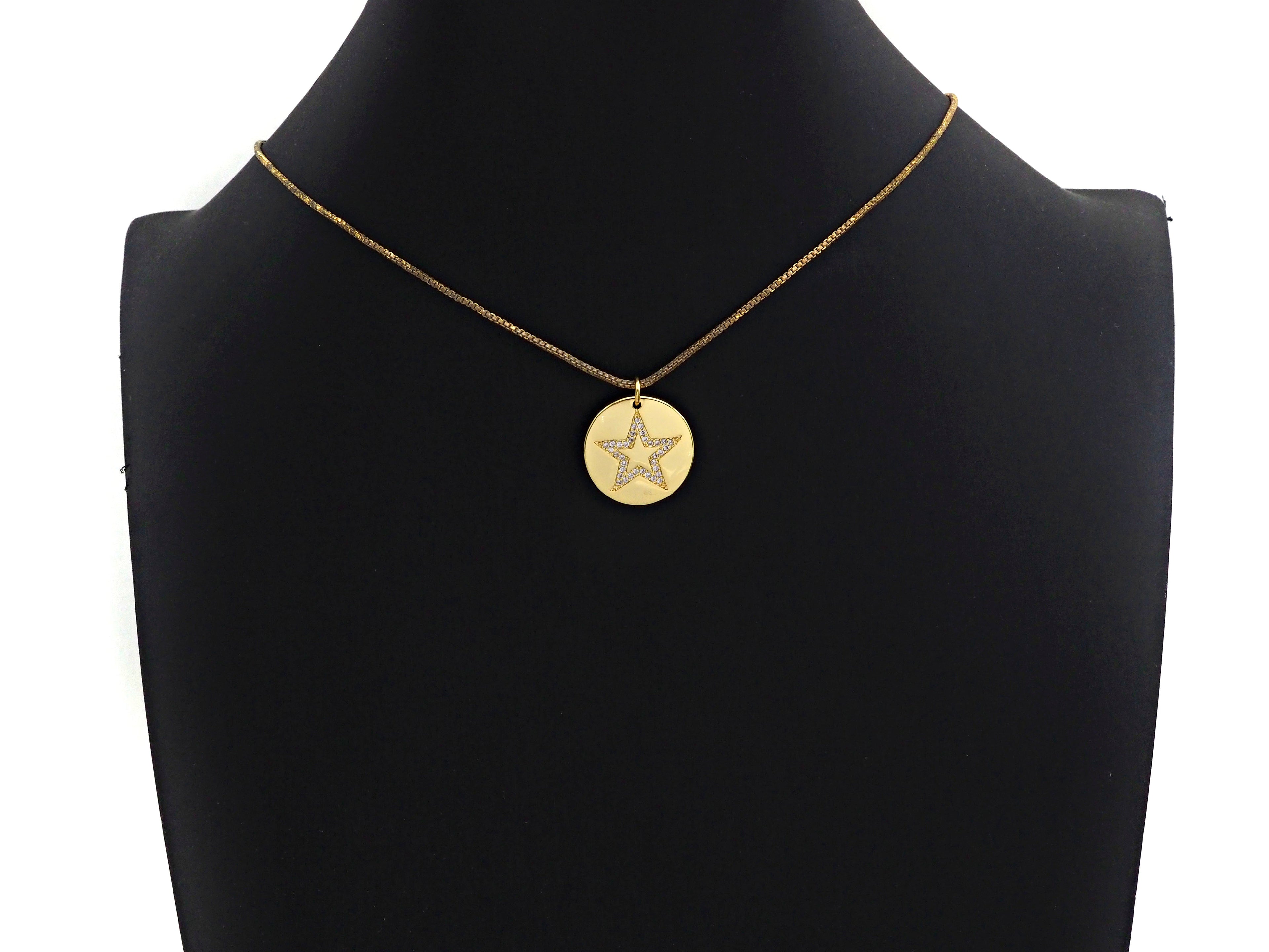 CZ Micro Pave Five Star On Round Coin Pendant,Round Cubic Zirconia Pendant, 10x16mm,Sku#F1095