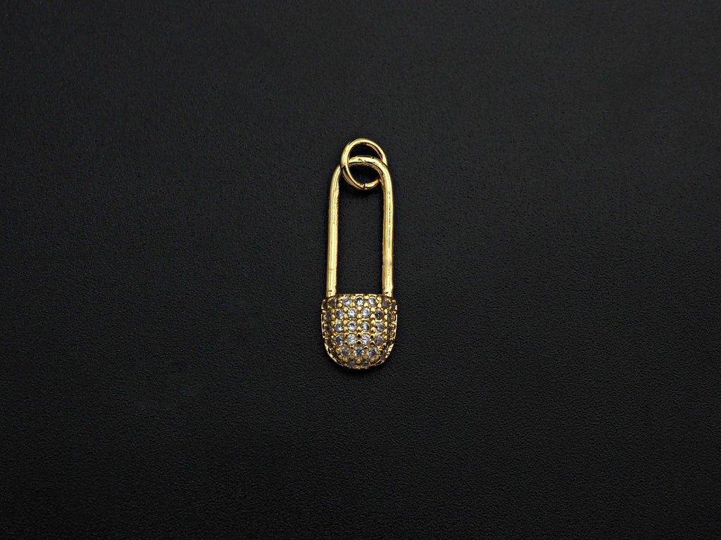 CZ Micro Pave Safety Pin Shaped Pendant/Charm,Cubic Zirconia Paved Charm, Necklace Bracelet Charm Pendant, 7x20mm,sku#F1125