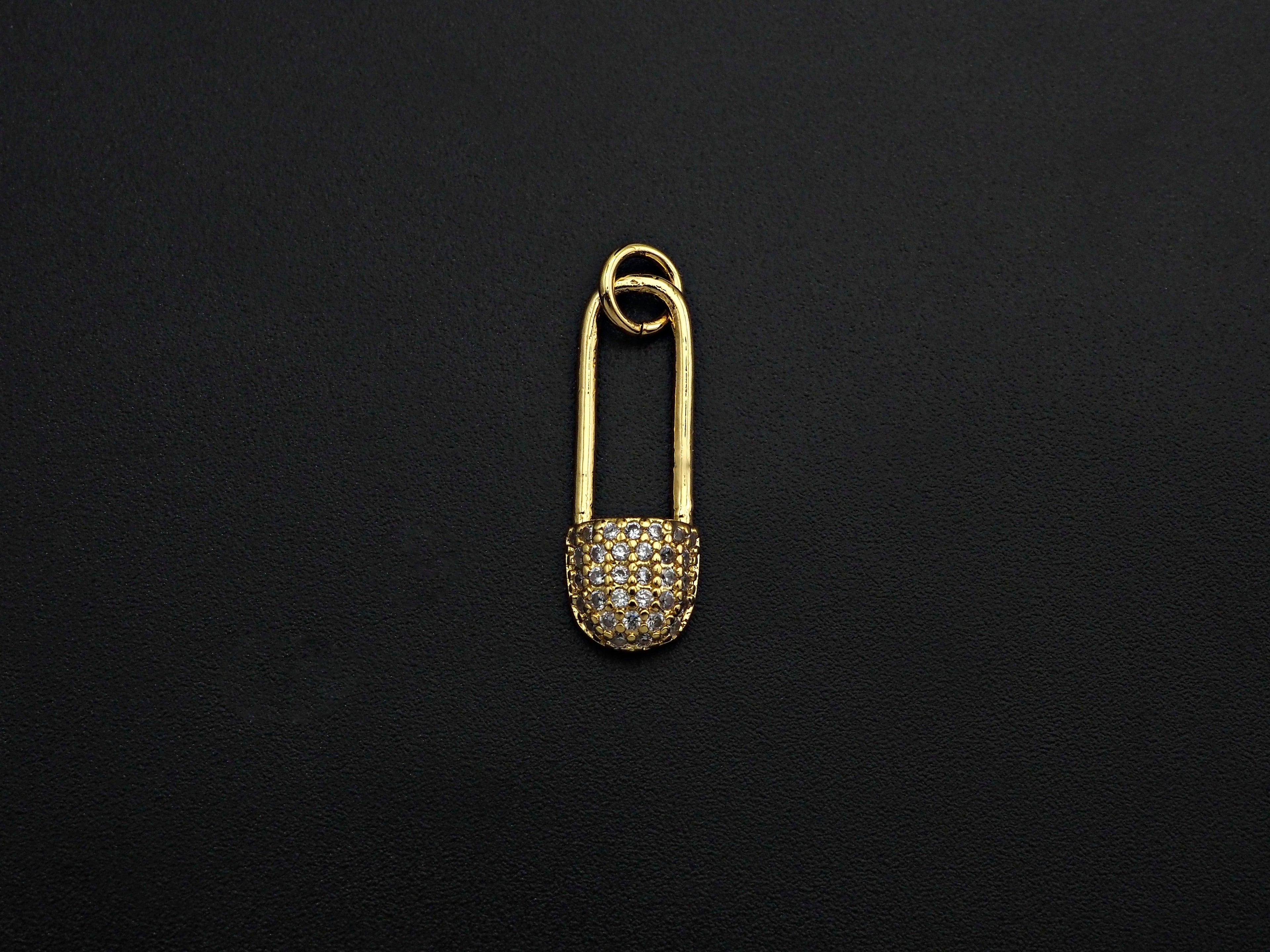 CZ Micro Pave Safety Pin Shaped Pendant/Charm,Cubic Zirconia Paved Charm, Necklace Bracelet Charm Pendant, 7x20mm,sku#F1125