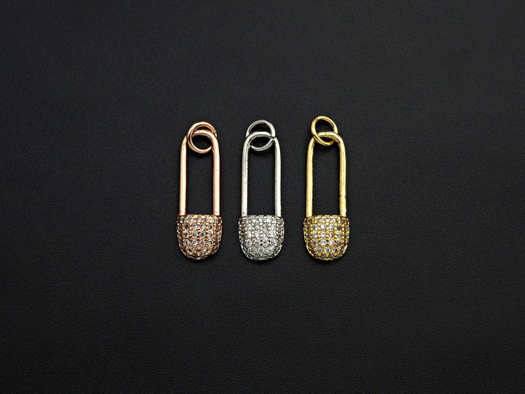 CZ Micro Pave Safety Pin Shaped Pendant/Charm,Cubic Zirconia Paved Charm, Necklace Bracelet Charm Pendant, 7x20mm,sku#F1125
