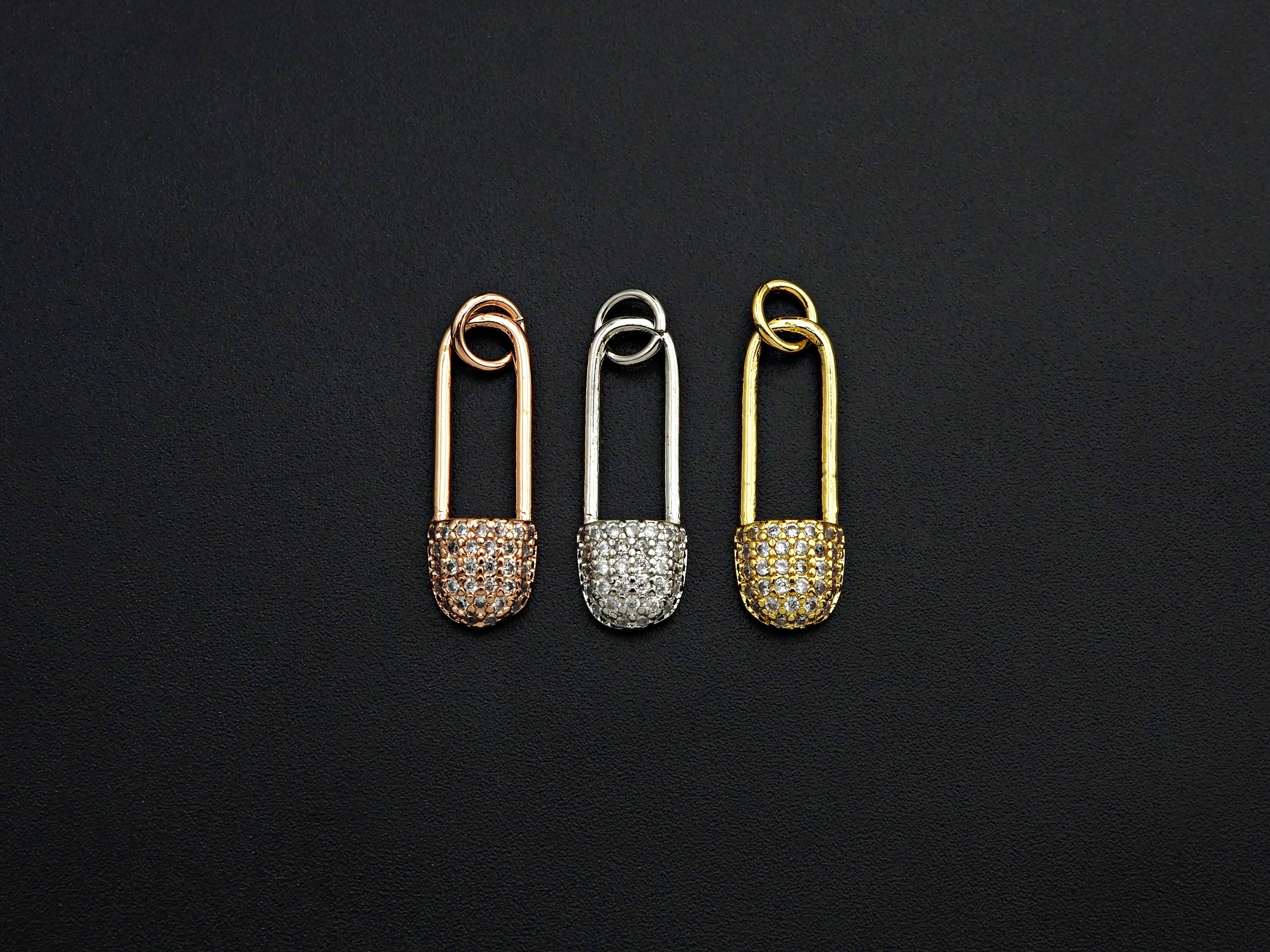 CZ Micro Pave Safety Pin Shaped Pendant/Charm,Cubic Zirconia Paved Charm, Necklace Bracelet Charm Pendant, 7x20mm,sku#F1125