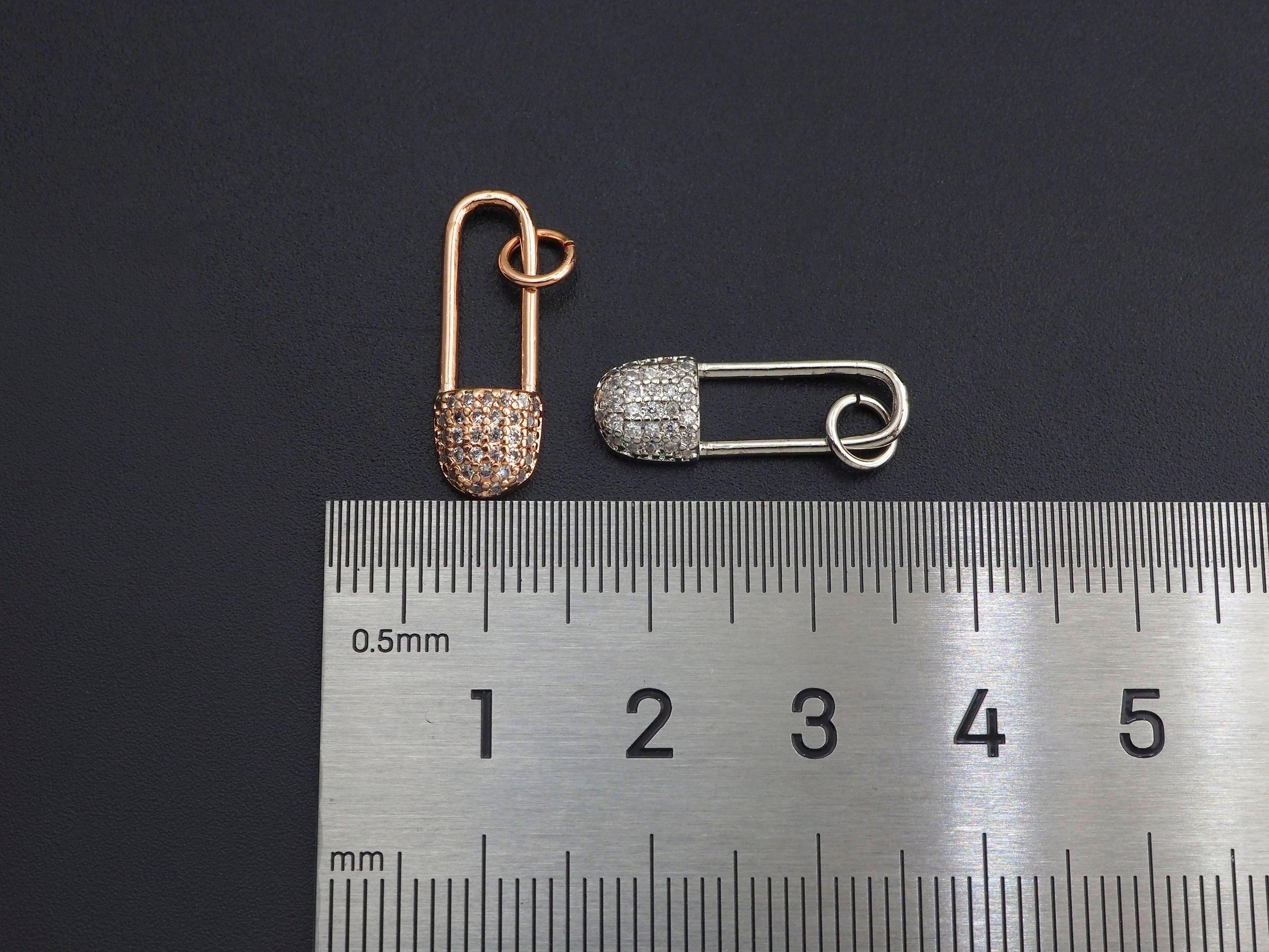 CZ Micro Pave Safety Pin Shaped Pendant/Charm,Cubic Zirconia Paved Charm, Necklace Bracelet Charm Pendant, 7x20mm,sku#F1125
