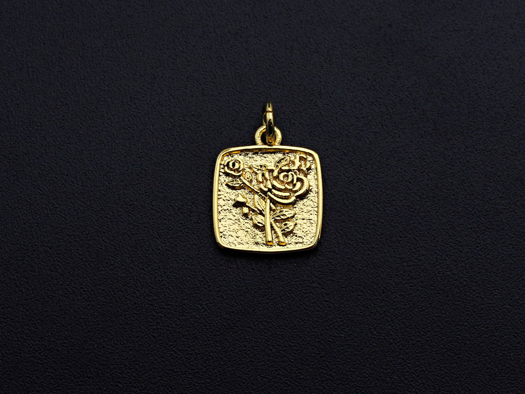 Rose Flower Square Pendant, Embossment Square Pendant, Cubic Zirconia Pendant, Gold Tone, 11x14mm, Sku#Z792