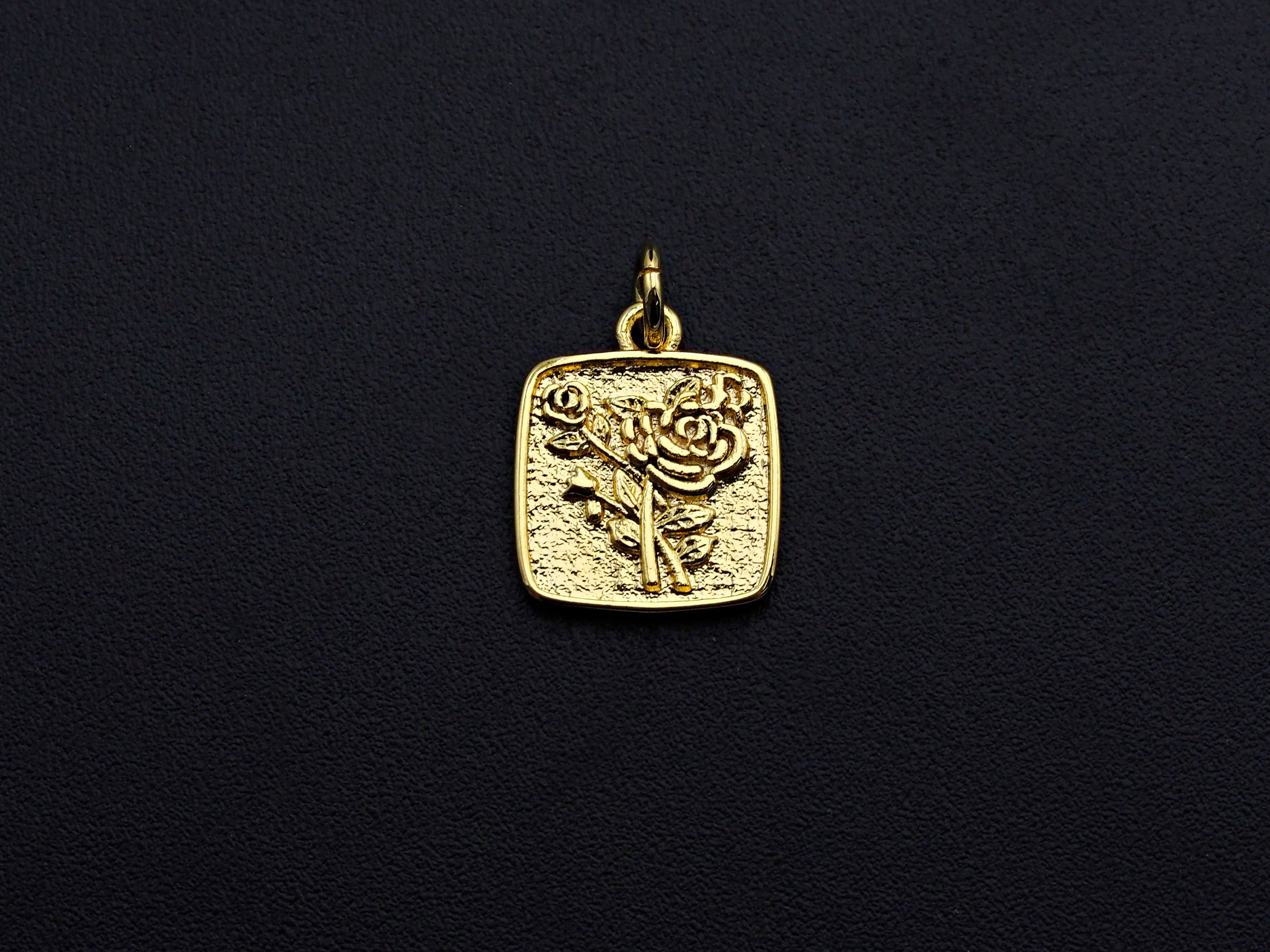 Rose Flower Square Pendant, Embossment Square Pendant, Cubic Zirconia Pendant, Gold Tone, 11x14mm, Sku#Z792
