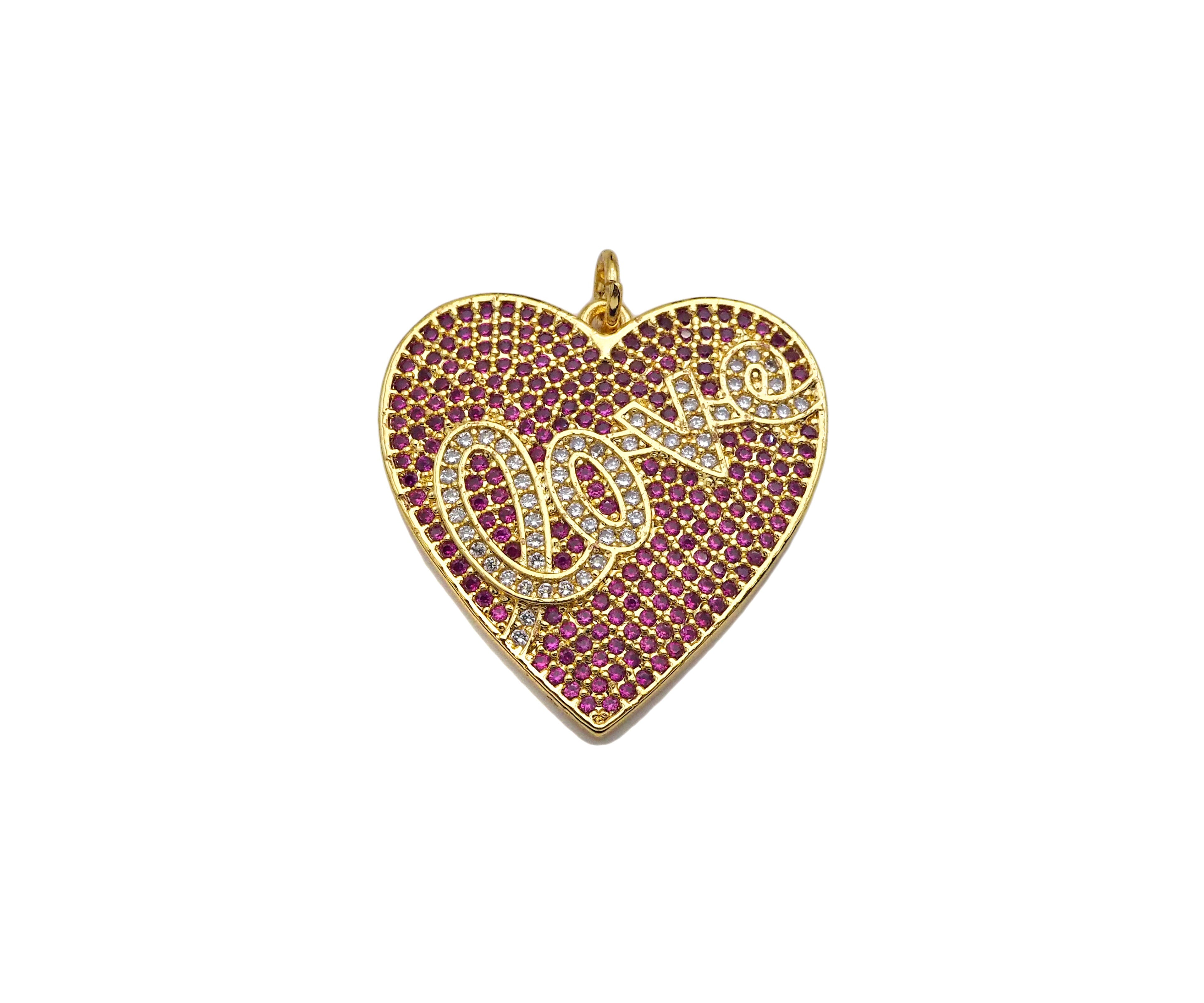 Fuchsia CZ Micro Pave Love On Heart Shape Pendant,Cubic Zirconia Gold Charm, Necklace Bracelet Charm Pendant,25x26mm, Sku#F1373