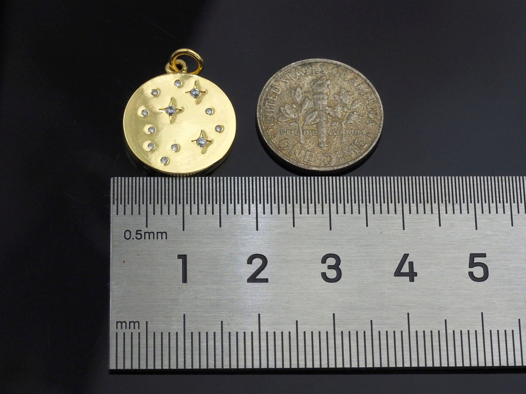 North Star on Disc Round Coin Pendant,North Star Cubic Zirconia Pendant, Silver/Gold Plated,16x19mm,Sku#F1267