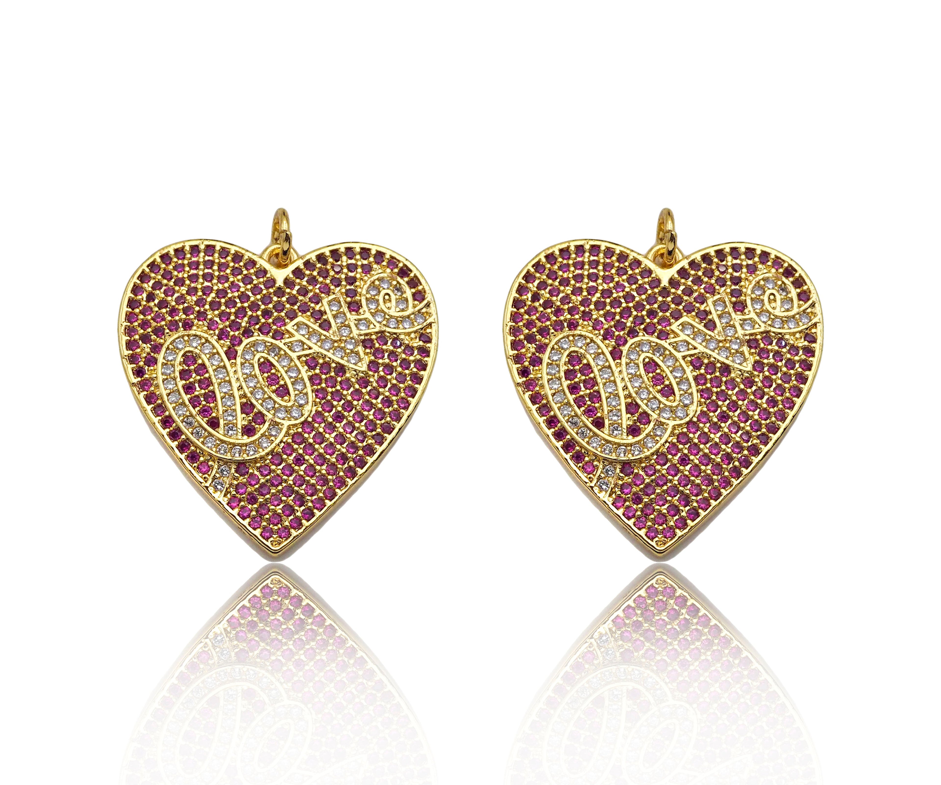 Fuchsia CZ Micro Pave Love On Heart Shape Pendant,Cubic Zirconia Gold Charm, Necklace Bracelet Charm Pendant,25x26mm, Sku#F1373