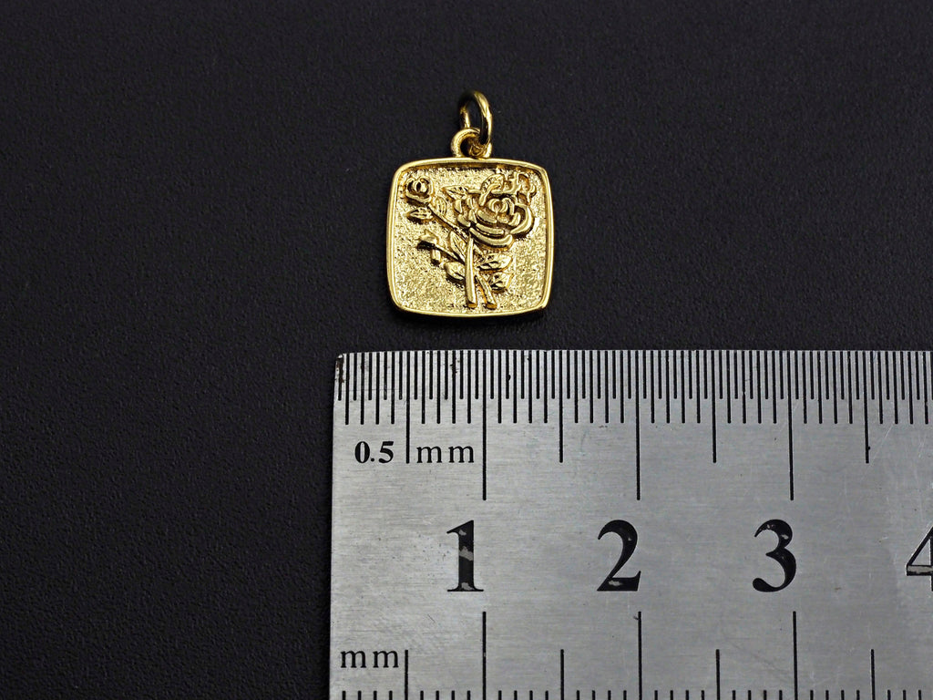 Rose Flower Square Pendant, Embossment Square Pendant, Cubic Zirconia Pendant, Gold Tone, 11x14mm, Sku#Z792