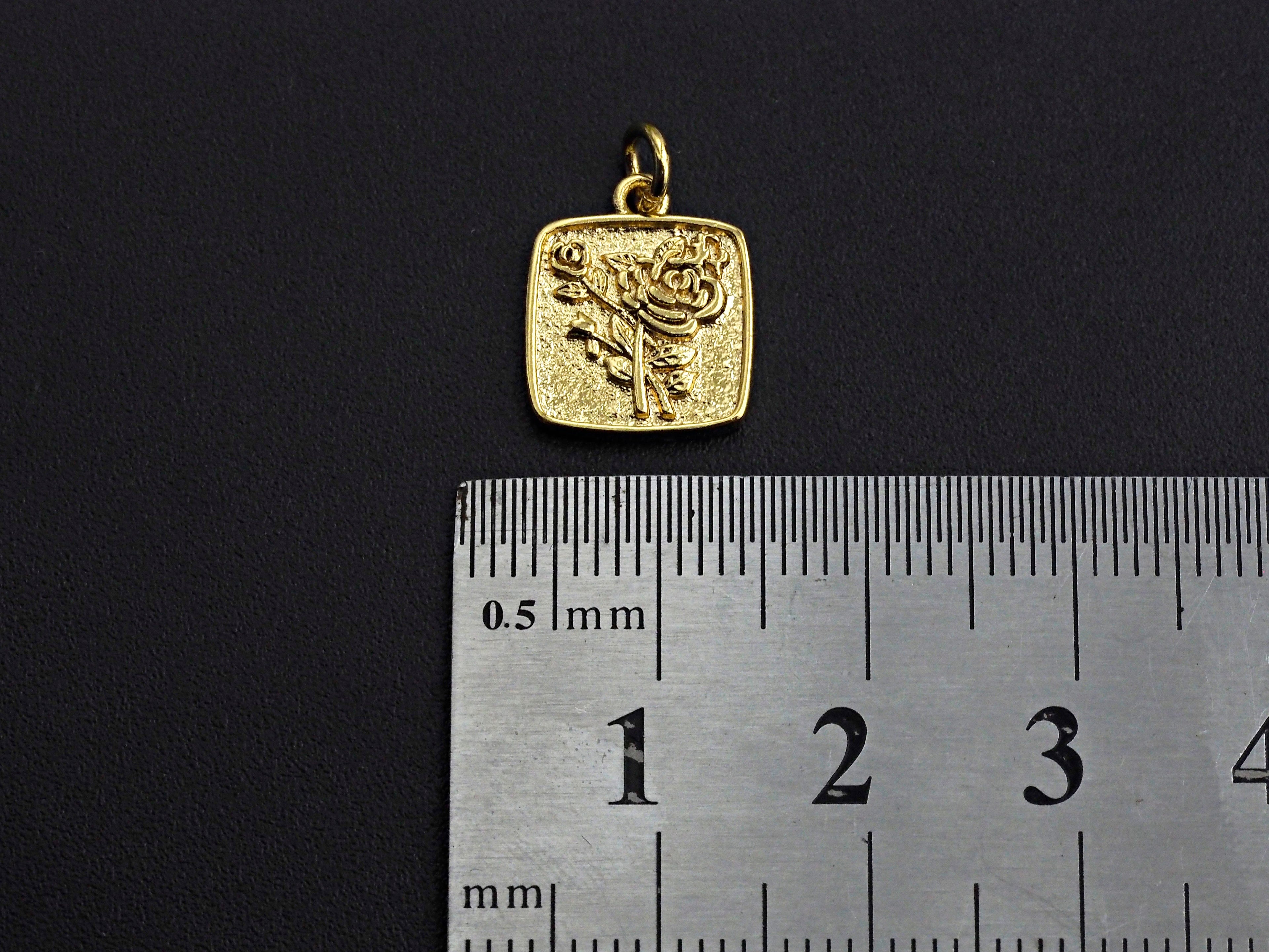 Rose Flower Square Pendant, Embossment Square Pendant, Cubic Zirconia Pendant, Gold Tone, 11x14mm, Sku#Z792