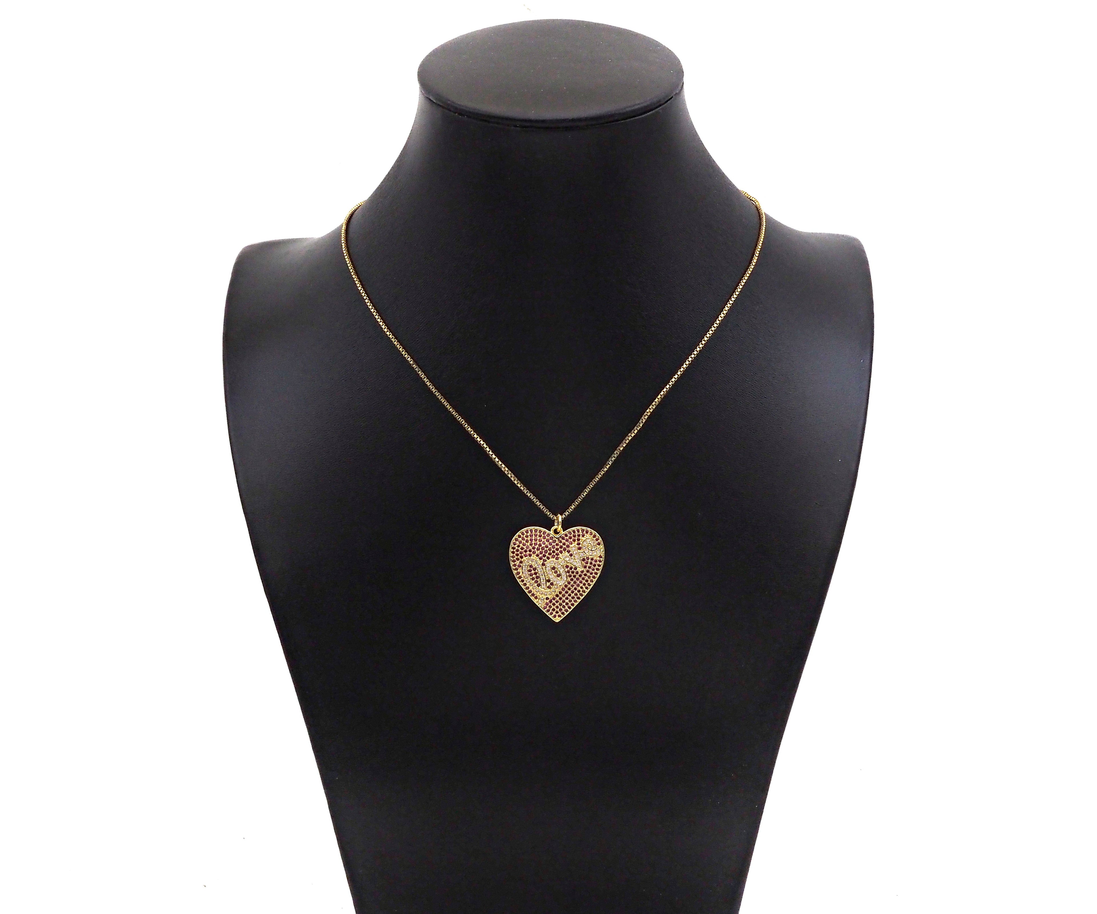 Fuchsia CZ Micro Pave Love On Heart Shape Pendant,Cubic Zirconia Gold Charm, Necklace Bracelet Charm Pendant,25x26mm, Sku#F1373