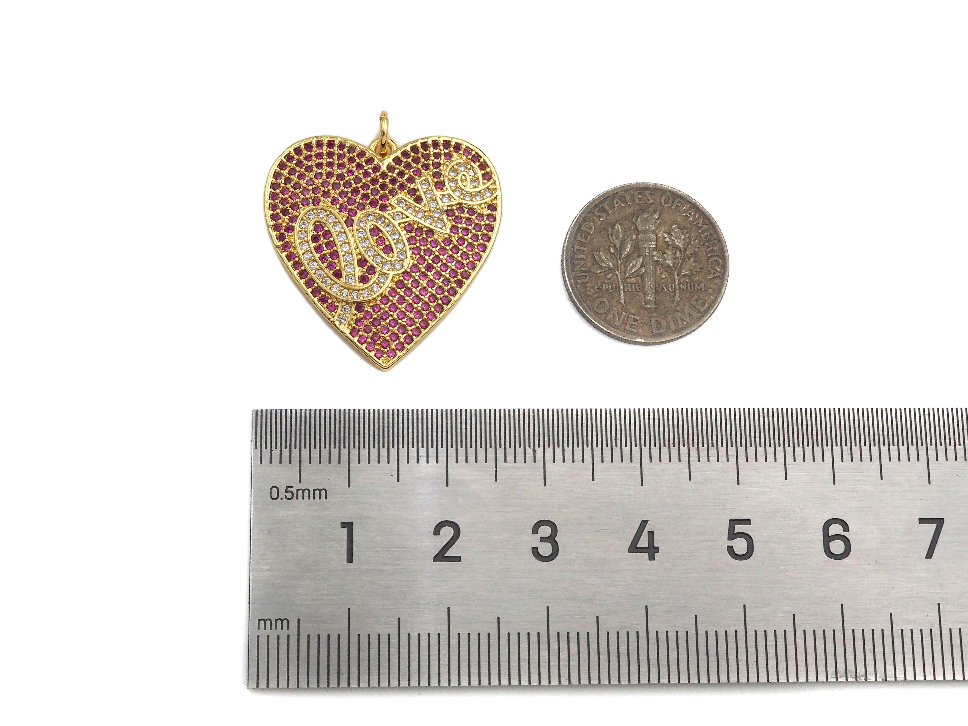 Fuchsia CZ Micro Pave Love On Heart Shape Pendant,Cubic Zirconia Gold Charm, Necklace Bracelet Charm Pendant,25x26mm, Sku#F1373