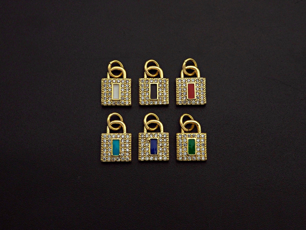 CZ Micro Pave Rectangle Colorful Enamel Lock Shape Pendant/Charm,Cubic Zirconia Paved Charm, 8x11mm, sku#F1141
