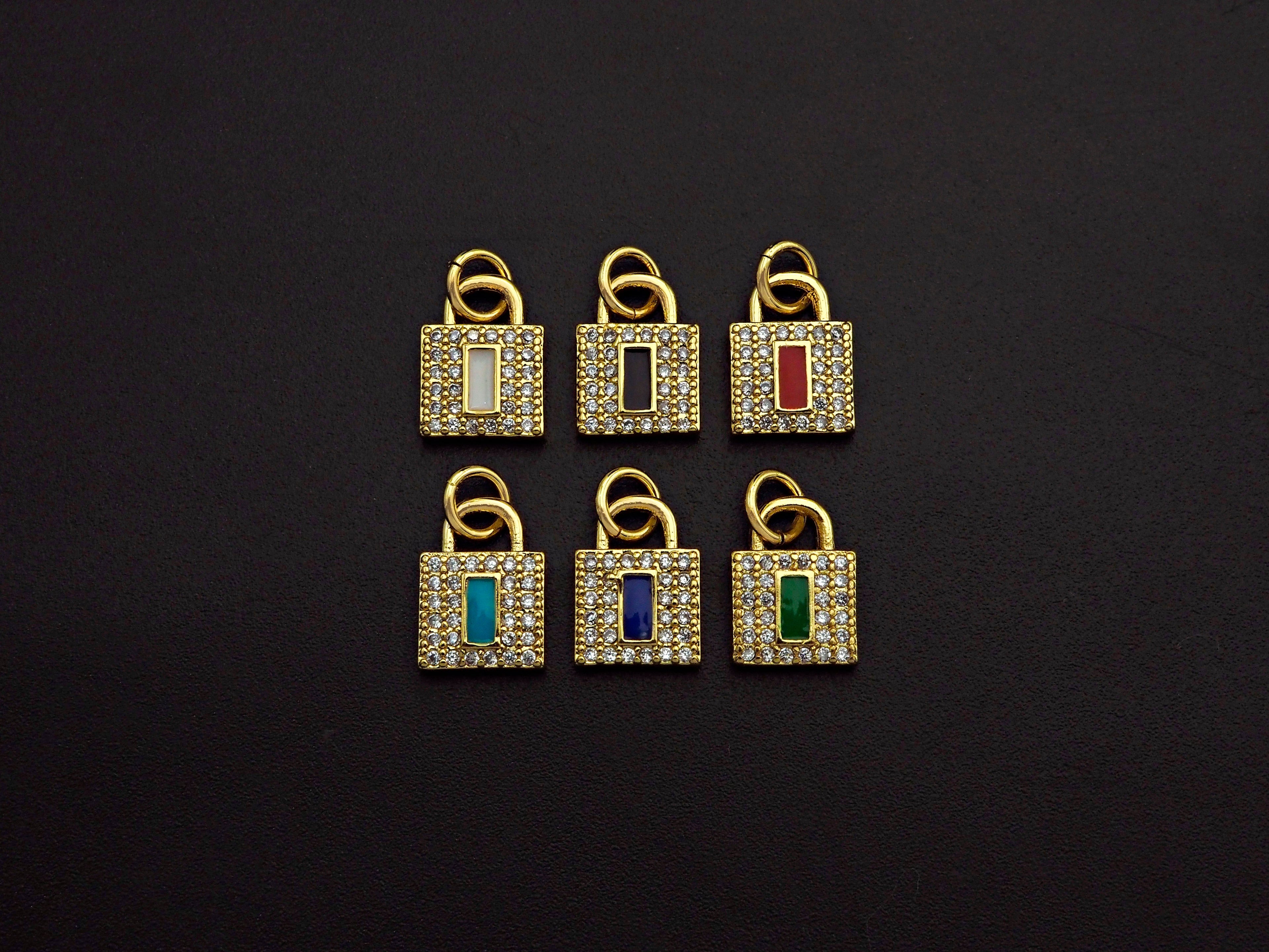 CZ Micro Pave Rectangle Colorful Enamel Lock Shape Pendant/Charm,Cubic Zirconia Paved Charm, 8x11mm, sku#F1141