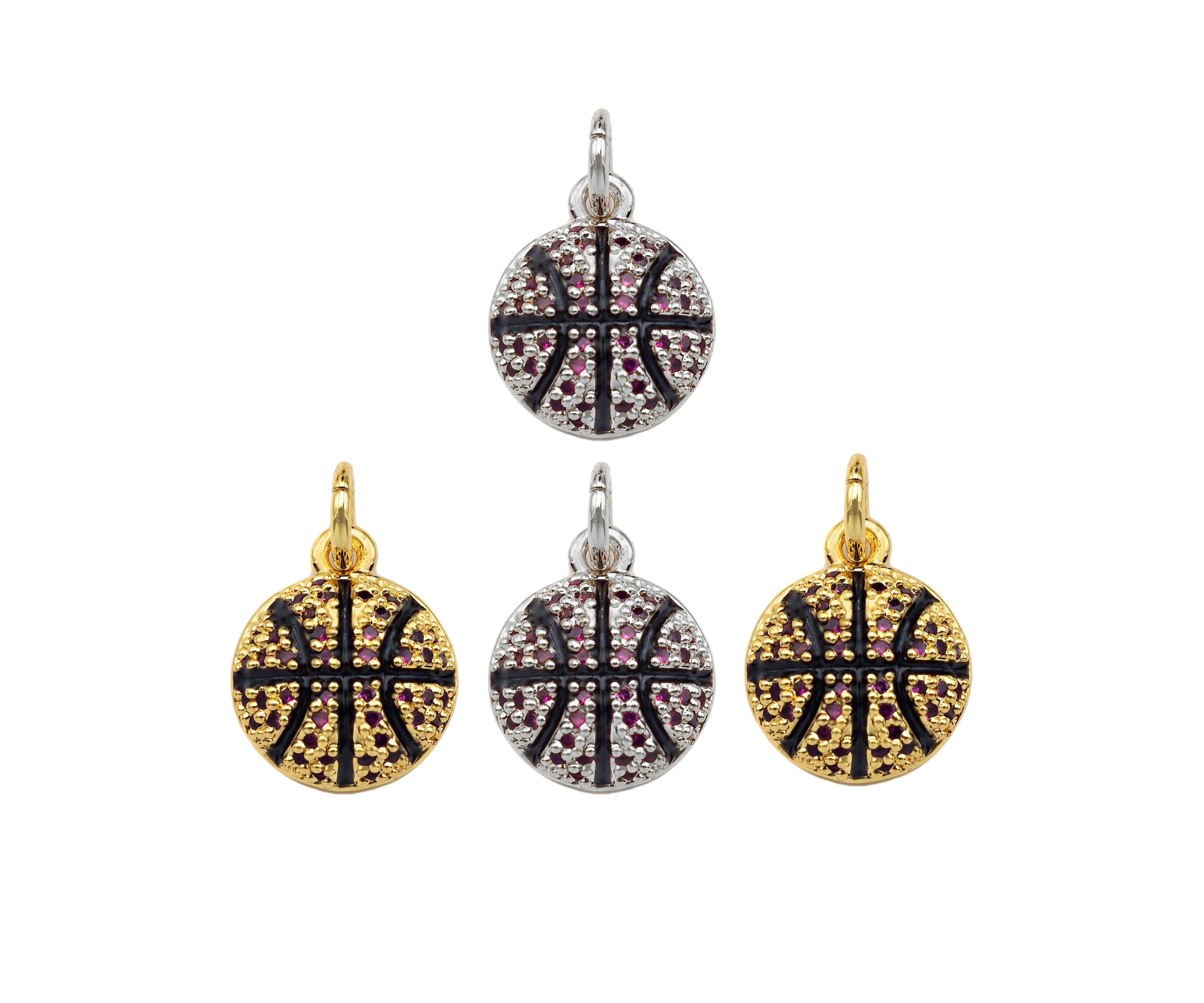 CZ Micro Pave Gold Silver Basketball Charm, Cubic Zirconia Pendant, Sport ball Charm, CZ Micro Pave Pendant,11x13mm, Sku#F1348