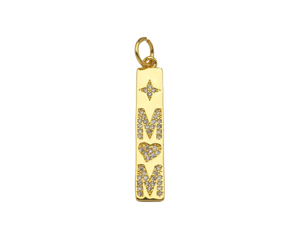 CZ Micro Pave Mom Word On Long Bar Shape Pendant, 18K Gold Filled Charm, DIY Mother's Day Necklace Bracelet Charm Pendant,6x31mm,Sku#Z1374