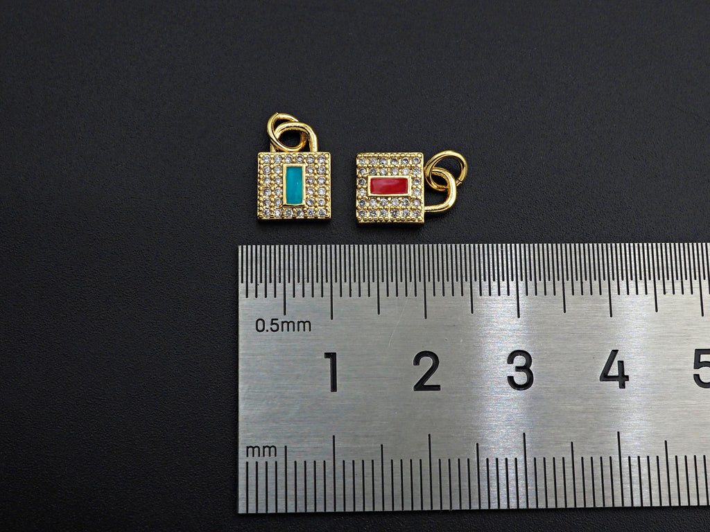 CZ Micro Pave Rectangle Colorful Enamel Lock Shape Pendant/Charm,Cubic Zirconia Paved Charm, 8x11mm, sku#F1141