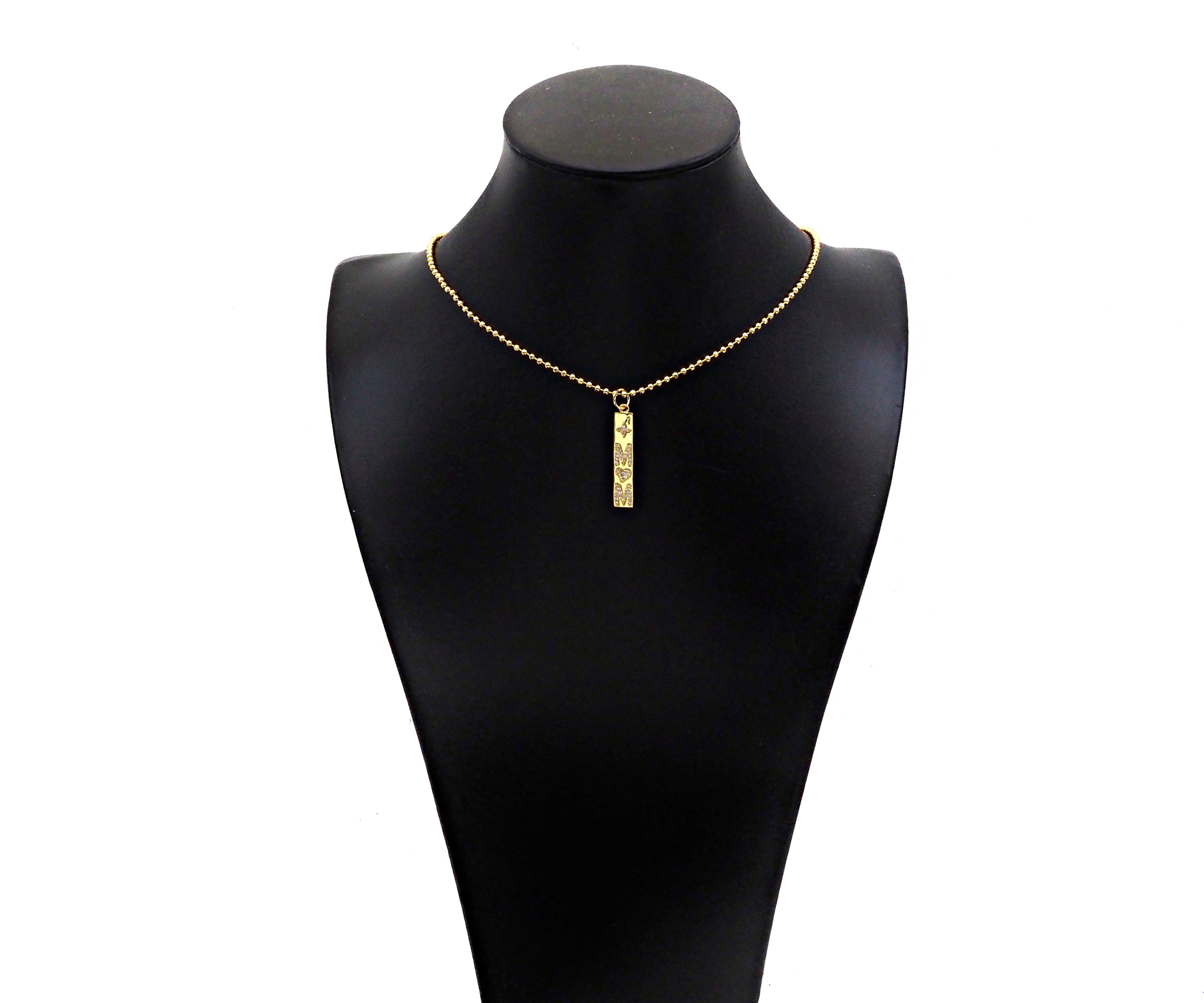 CZ Micro Pave Mom Word On Long Bar Shape Pendant, 18K Gold Filled Charm, DIY Mother's Day Necklace Bracelet Charm Pendant,6x31mm,Sku#Z1374
