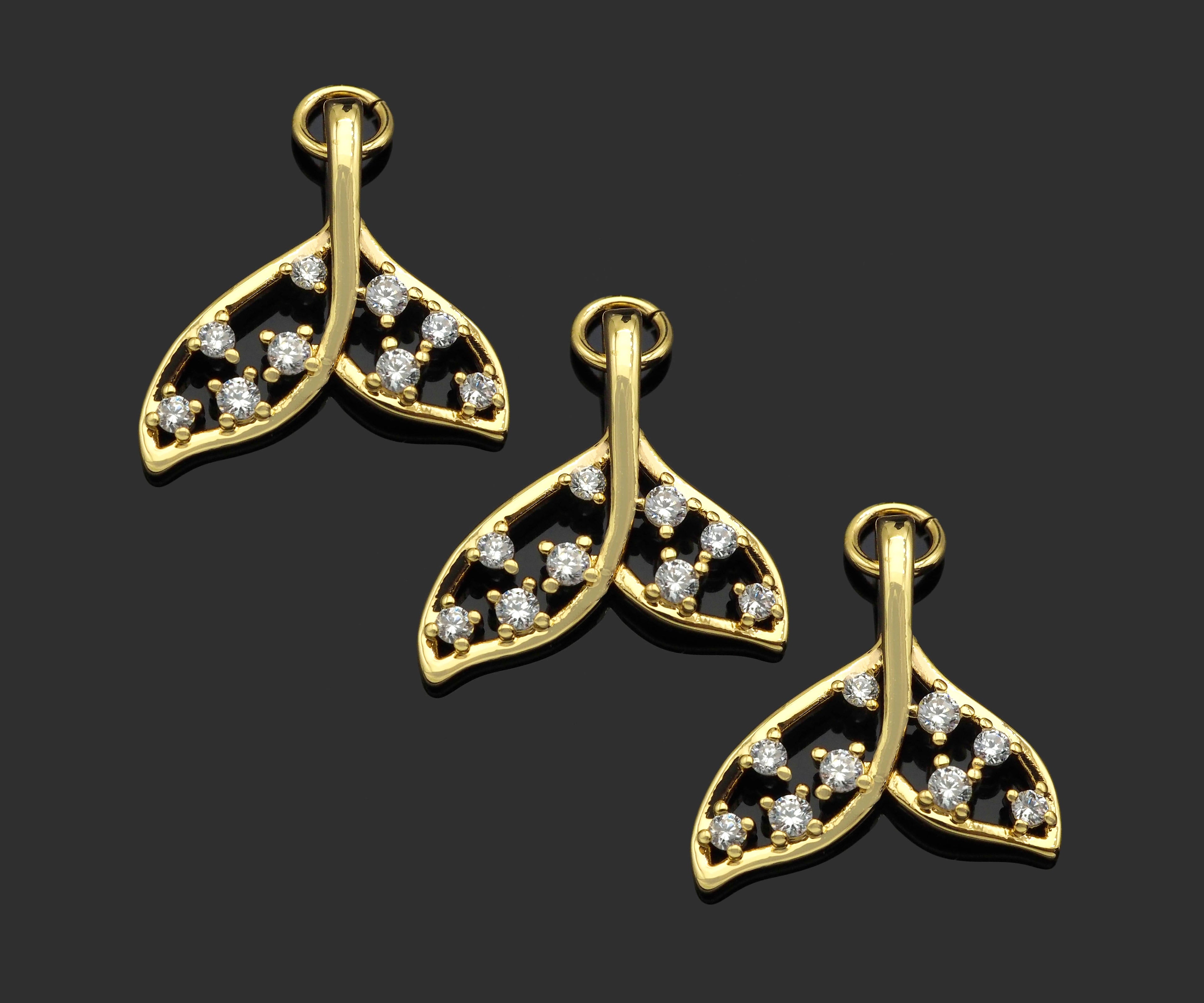 CZ Micro Pave Whale Tail Shape Pendan,18K Gold Charm, Necklace Bracelet Charm Pendant,17x17mm,Sku#FH156
