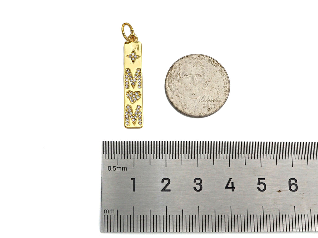 CZ Micro Pave Mom Word On Long Bar Shape Pendant, 18K Gold Filled Charm, DIY Mother's Day Necklace Bracelet Charm Pendant,6x31mm,Sku#Z1374