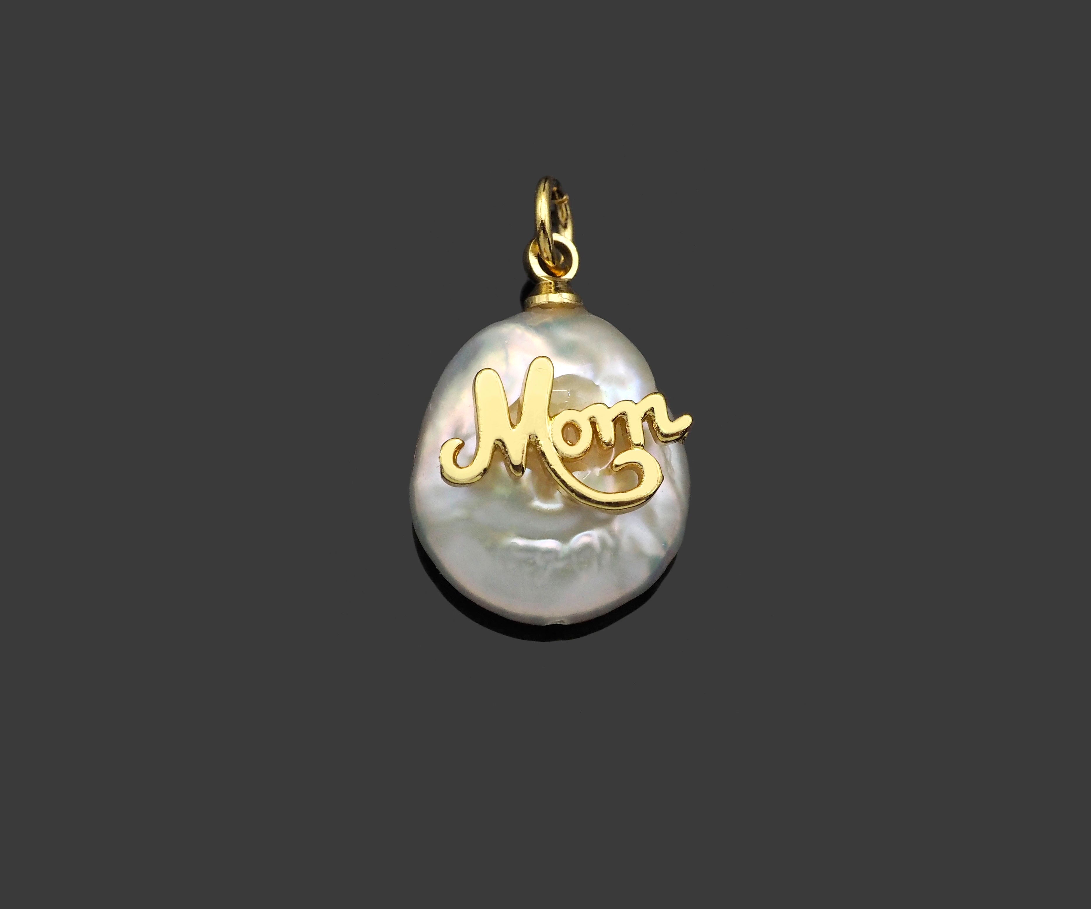 Gold Filled Mom Word On Pearl Pendant, Bracelet Necklace Natural Pearl Charm, 18K Gold Filled Mom Pendant Charm,13x19mm,Sku#Z1365-Bestbeads & Beyond