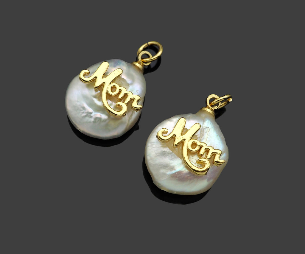 Gold Filled Mom Word On Pearl Pendant, Bracelet Necklace Natural Pearl Charm, 18K Gold Filled Mom Pendant Charm,13x19mm,Sku#Z1365-Bestbeads & Beyond