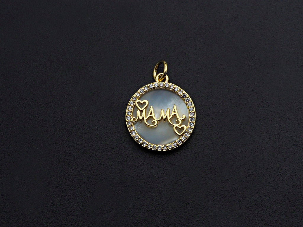 Mother-of-pearl Inlay Mama Letter And Heart Round Pendant/Charm, Mama Letter Shape Pendant, Mom Charm, Mother's day Charm,16mm,Sku#Z798