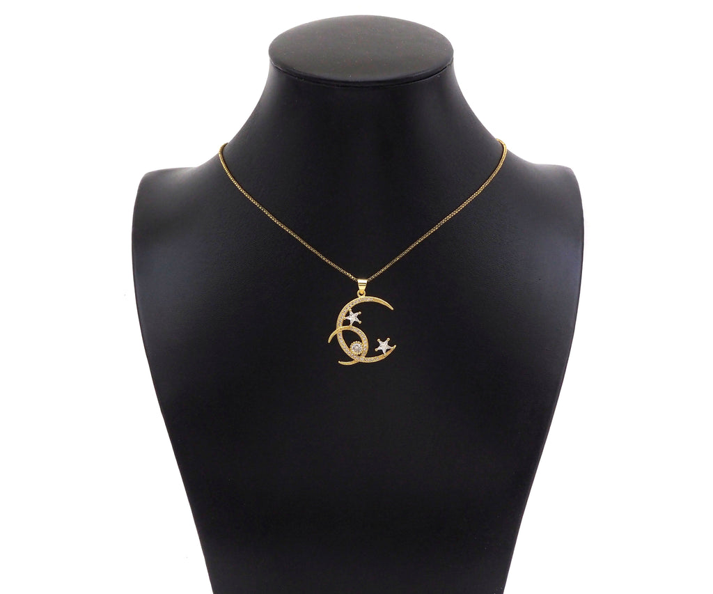 CZ Micro Pave Double Cresent Moon With Star Shape Pendan,Big CZ Dainty Gold Charm, Necklace Bracelet Charm Pendant,26x28mm, Sku#F1385
