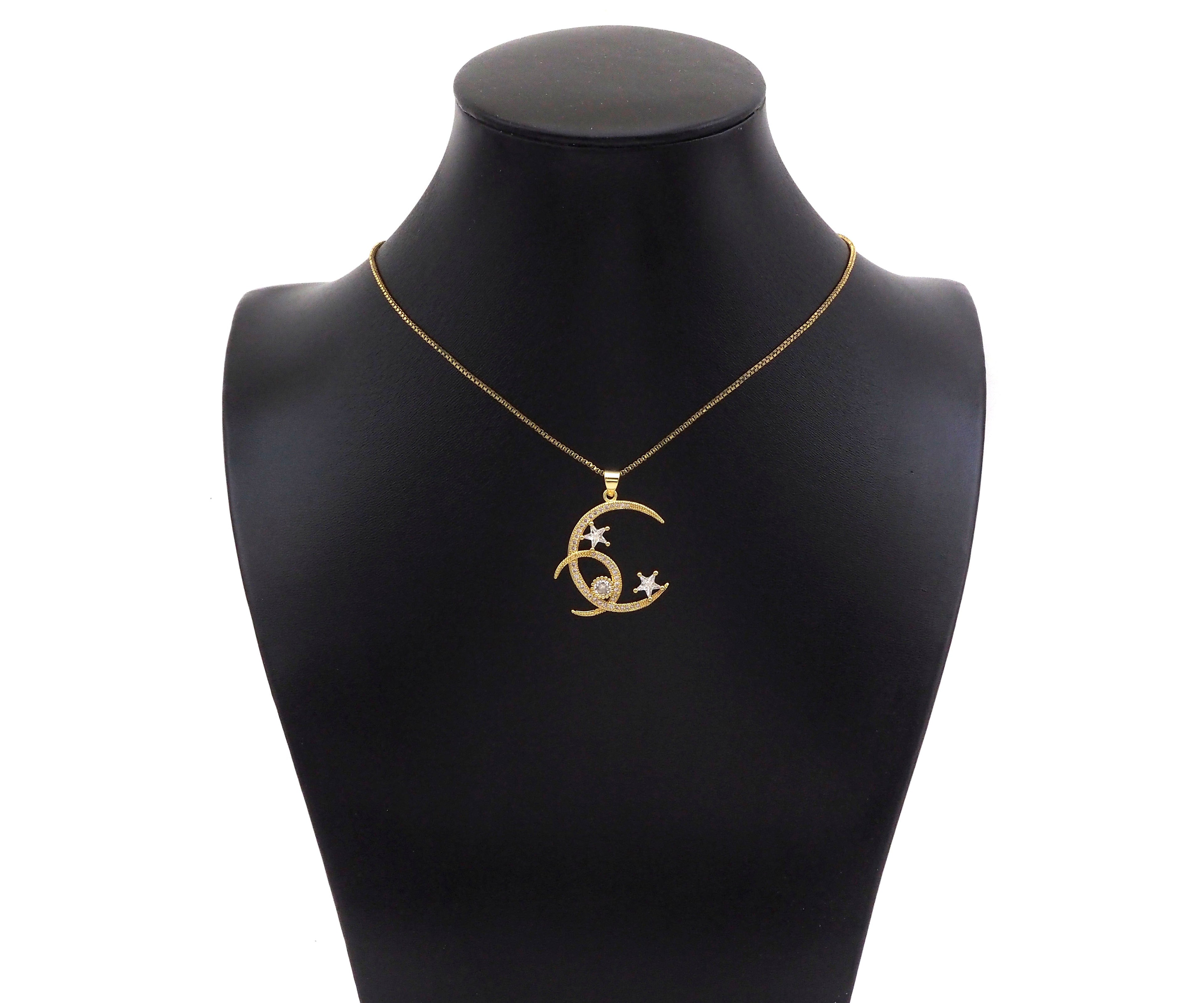 CZ Micro Pave Double Cresent Moon With Star Shape Pendan,Big CZ Dainty Gold Charm, Necklace Bracelet Charm Pendant,26x28mm, Sku#F1385