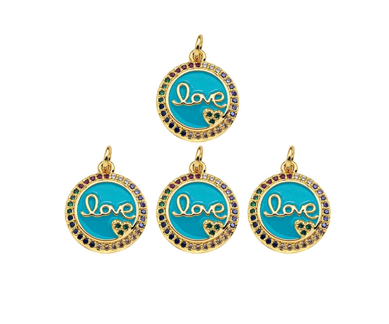 Colorful CZ Turquoise Blue Enamel Love Word On Round Coin Shape Pendant, 18K Gold Filled Enamel Love Charm,16x18mm,Sku#Y476