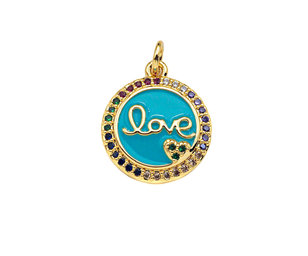 Colorful CZ Turquoise Blue Enamel Love Word On Round Coin Shape Pendant, 18K Gold Filled Enamel Love Charm,16x18mm,Sku#Y476