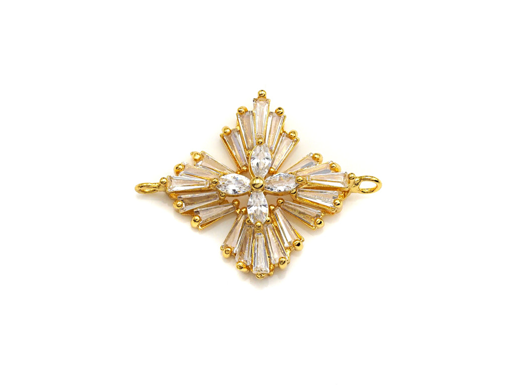 Gold Silver Baguette CZ Flower Connector Charm, Cubic Zirconia Pendant, Silver/Gold Tone, 23x31mm, Sku#FH62