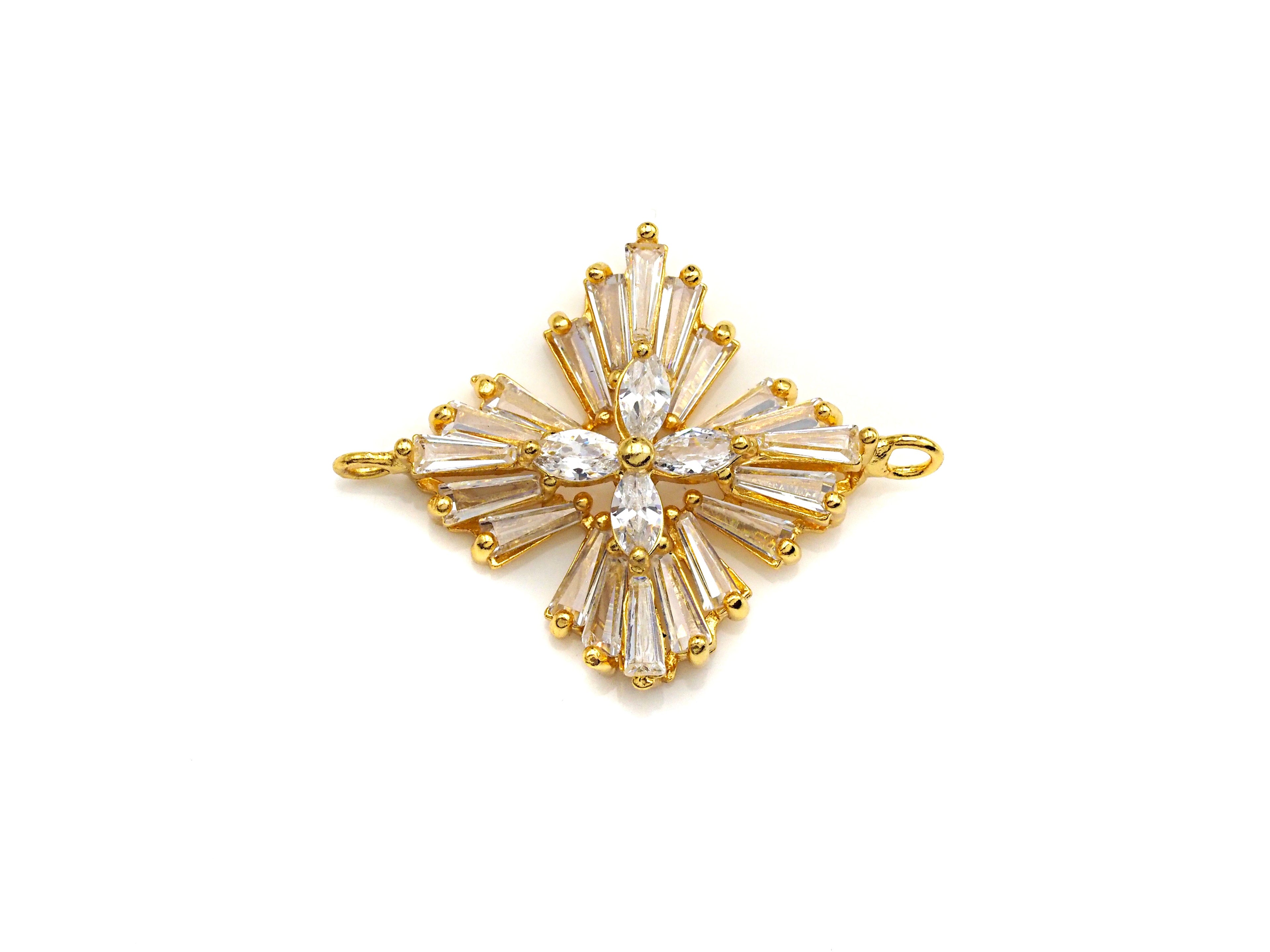 Gold Silver Baguette CZ Flower Connector Charm, Cubic Zirconia Pendant, Silver/Gold Tone, 23x31mm, Sku#FH62