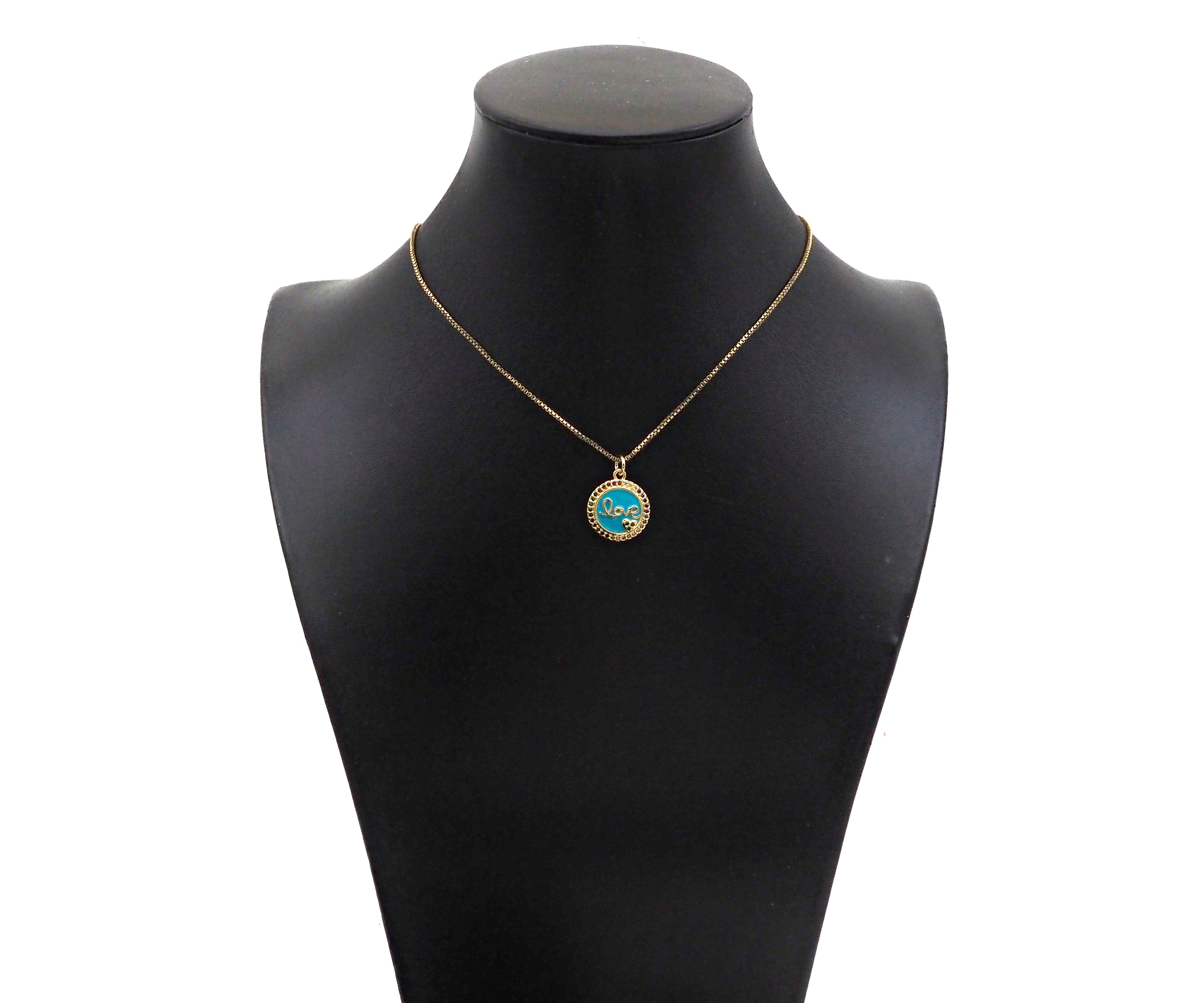 Colorful CZ Turquoise Blue Enamel Love Word On Round Coin Shape Pendant, 18K Gold Filled Enamel Love Charm,16x18mm,Sku#Y476