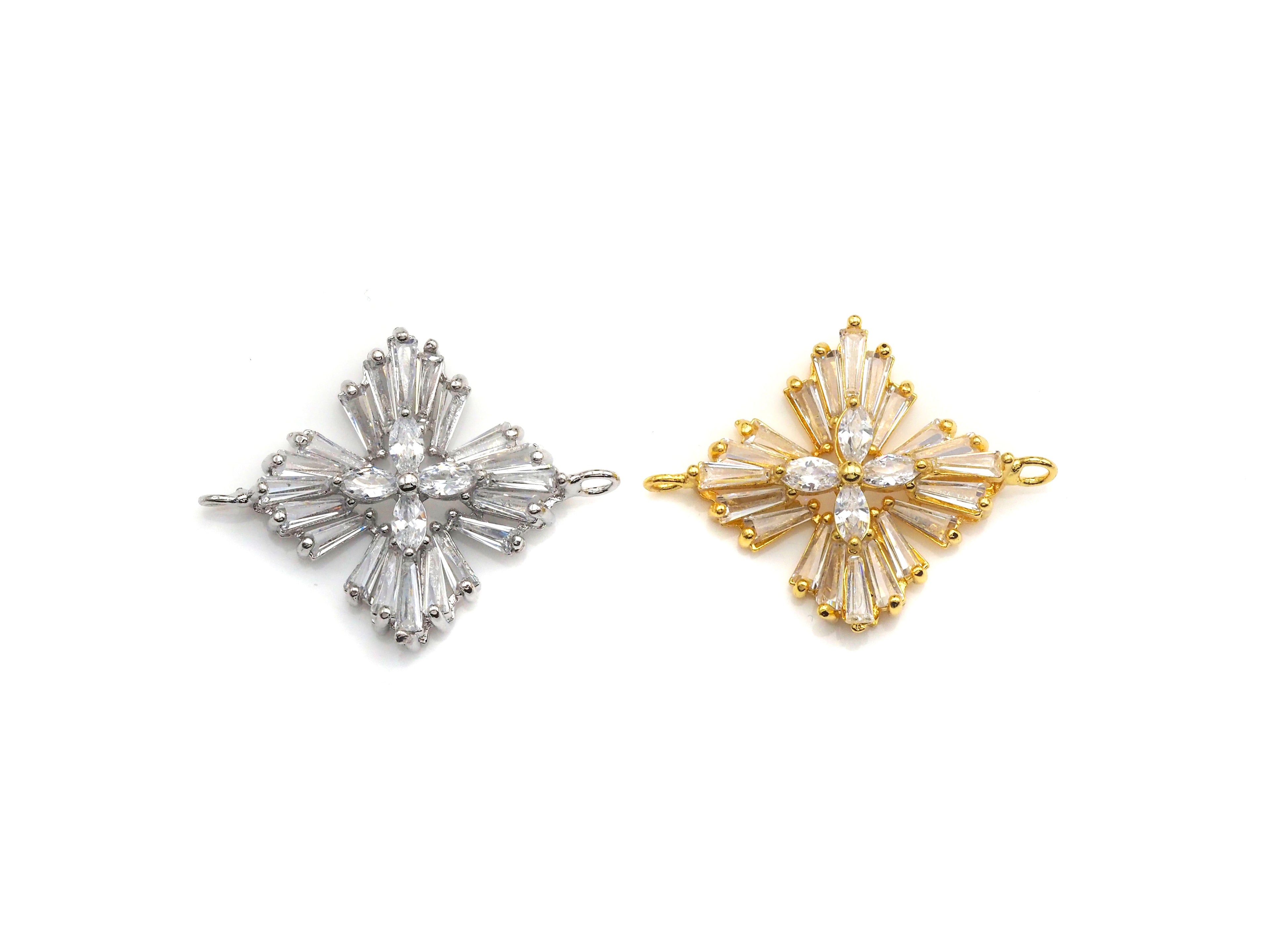 Gold Silver Baguette CZ Flower Connector Charm, Cubic Zirconia Pendant, Silver/Gold Tone, 23x31mm, Sku#FH62