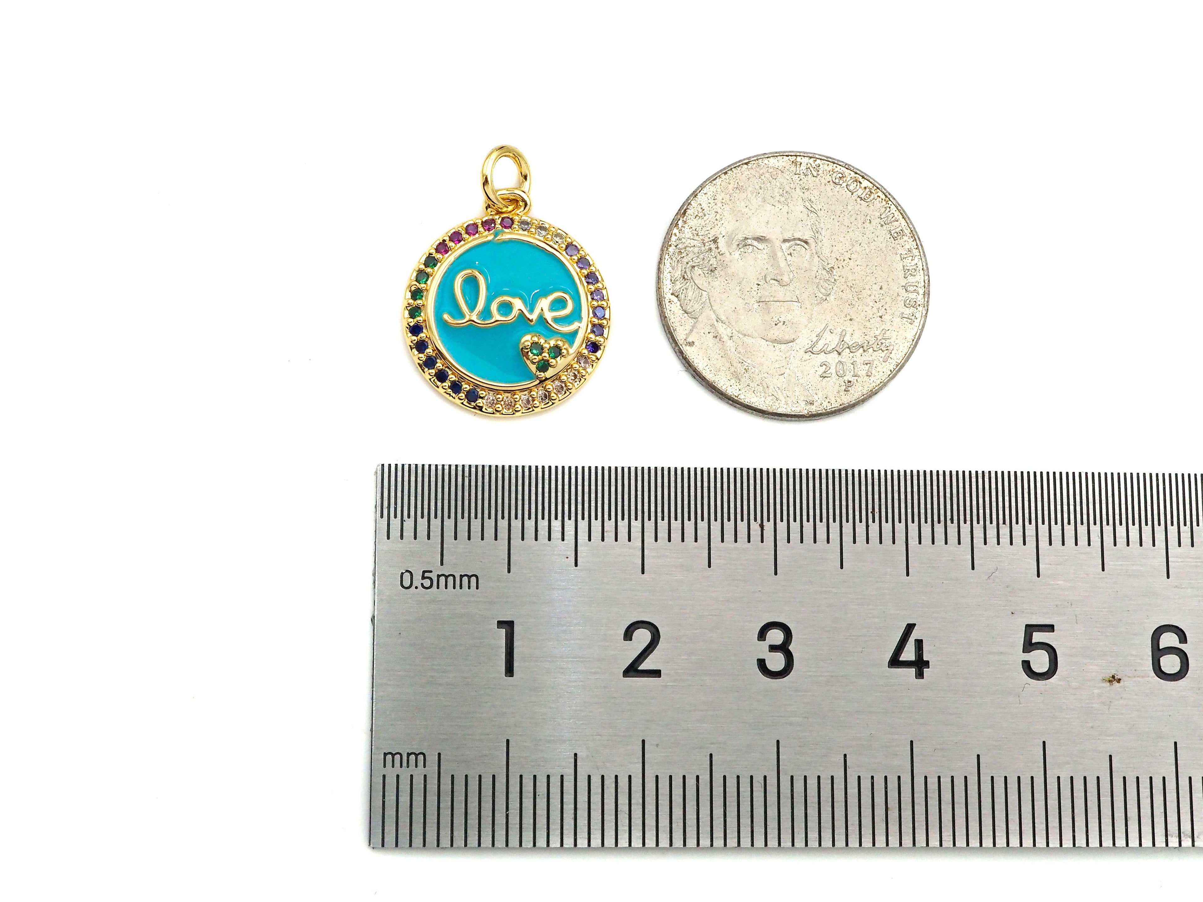 Colorful CZ Turquoise Blue Enamel Love Word On Round Coin Shape Pendant, 18K Gold Filled Enamel Love Charm,16x18mm,Sku#Y476