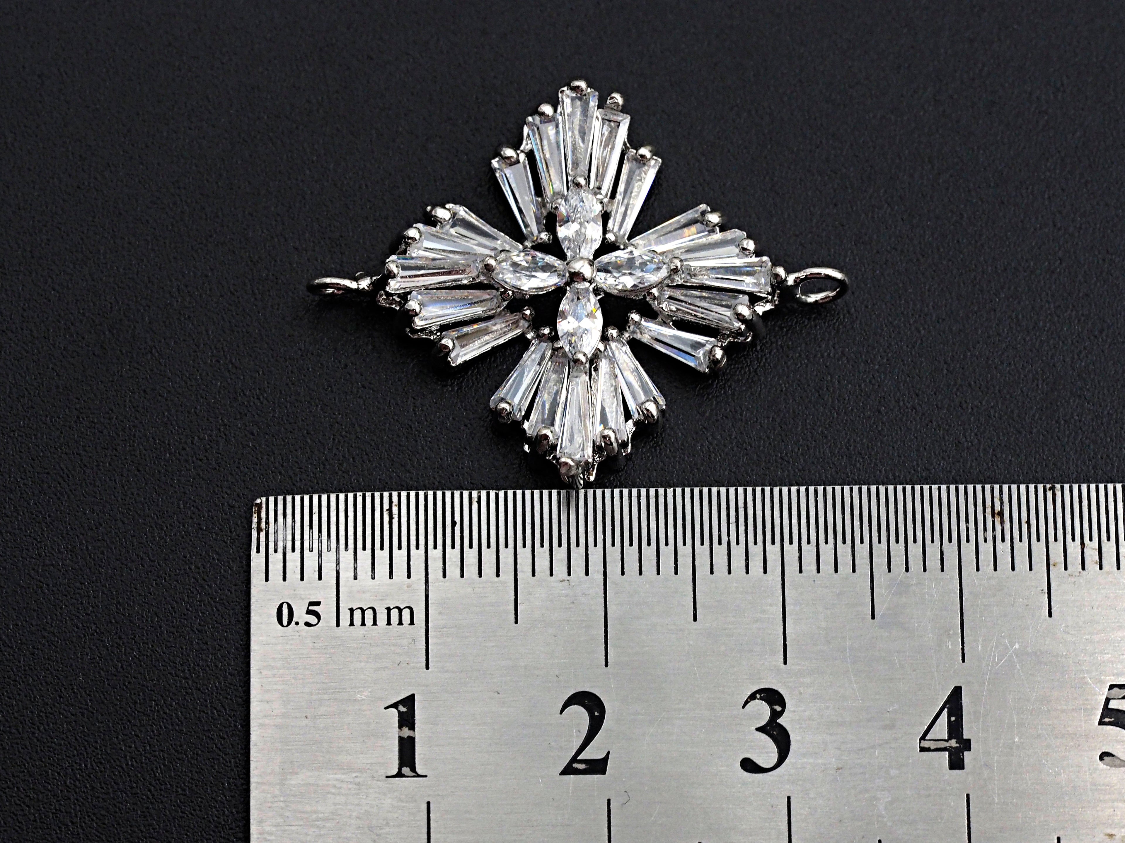 Gold Silver Baguette CZ Flower Connector Charm, Cubic Zirconia Pendant, Silver/Gold Tone, 23x31mm, Sku#FH62