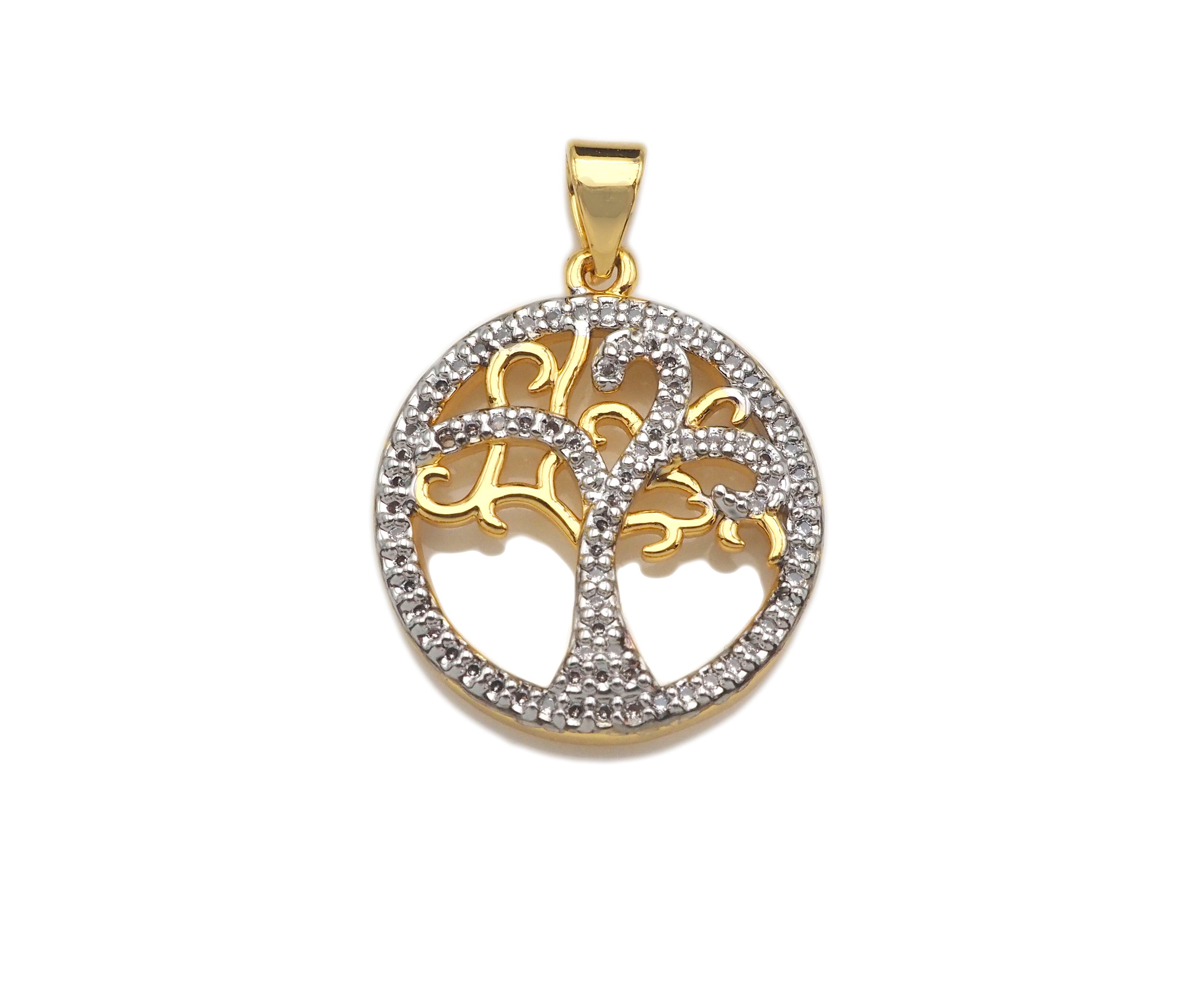 Dual Color Life Tree CZ Micro Pave Round Ring Charms, Life Tree Pendant, Gold Pendant, Round Necklace Charms, 19x22mm, Sku#F1276