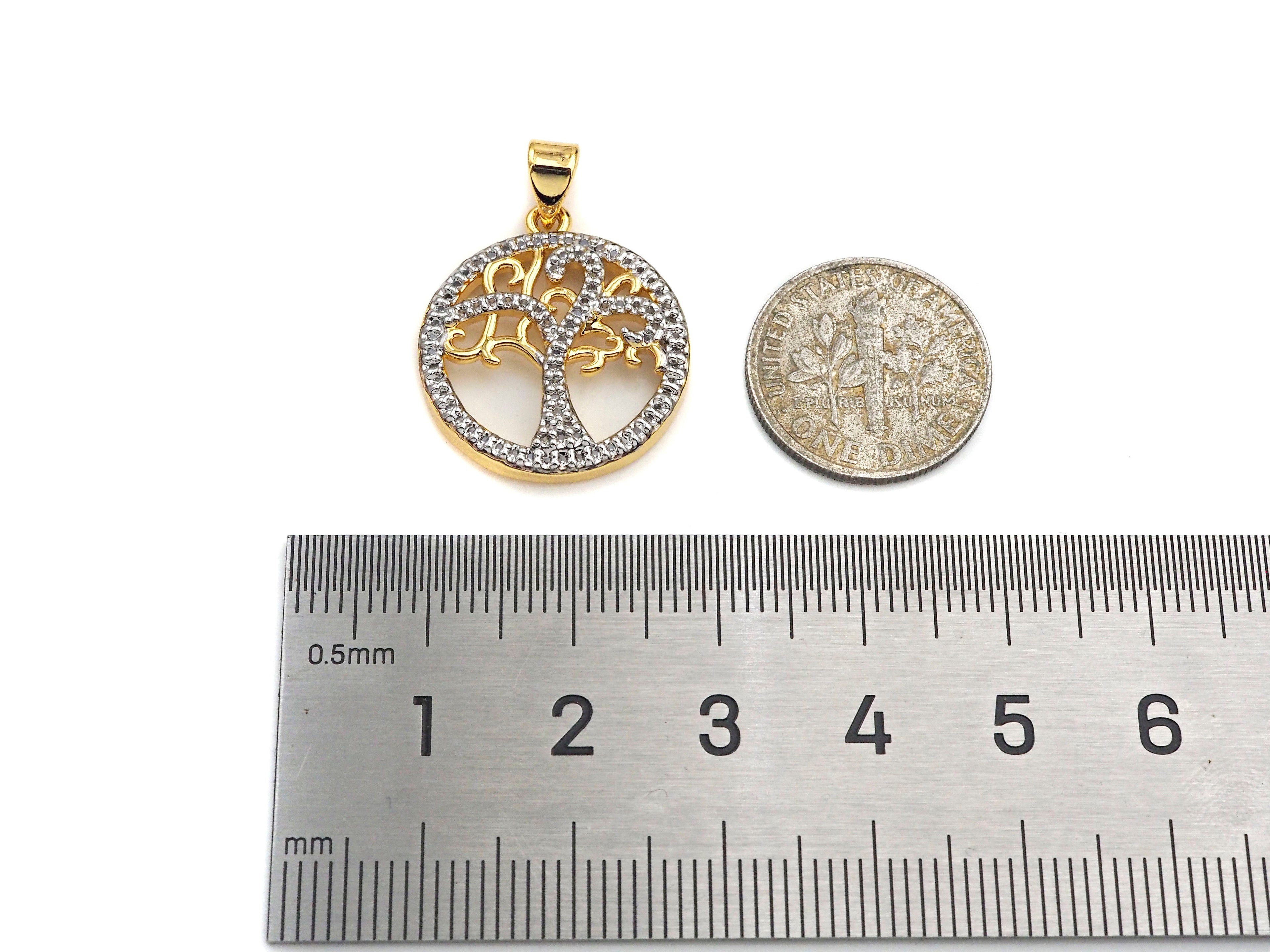 Dual Color Life Tree CZ Micro Pave Round Ring Charms, Life Tree Pendant, Gold Pendant, Round Necklace Charms, 19x22mm, Sku#F1276