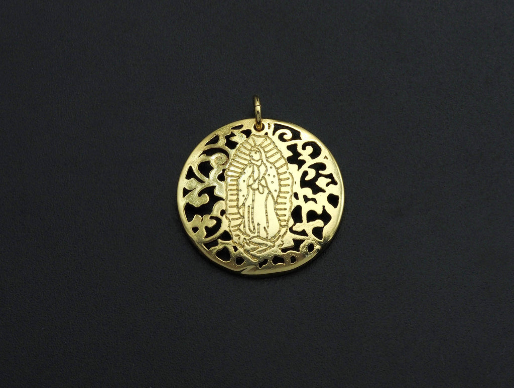 Mary Pendant/Charm, Filigree Mary Disc Pendant, Cubic Zirconia Pendant, Gold Tone, 25mm, Sku#FH23