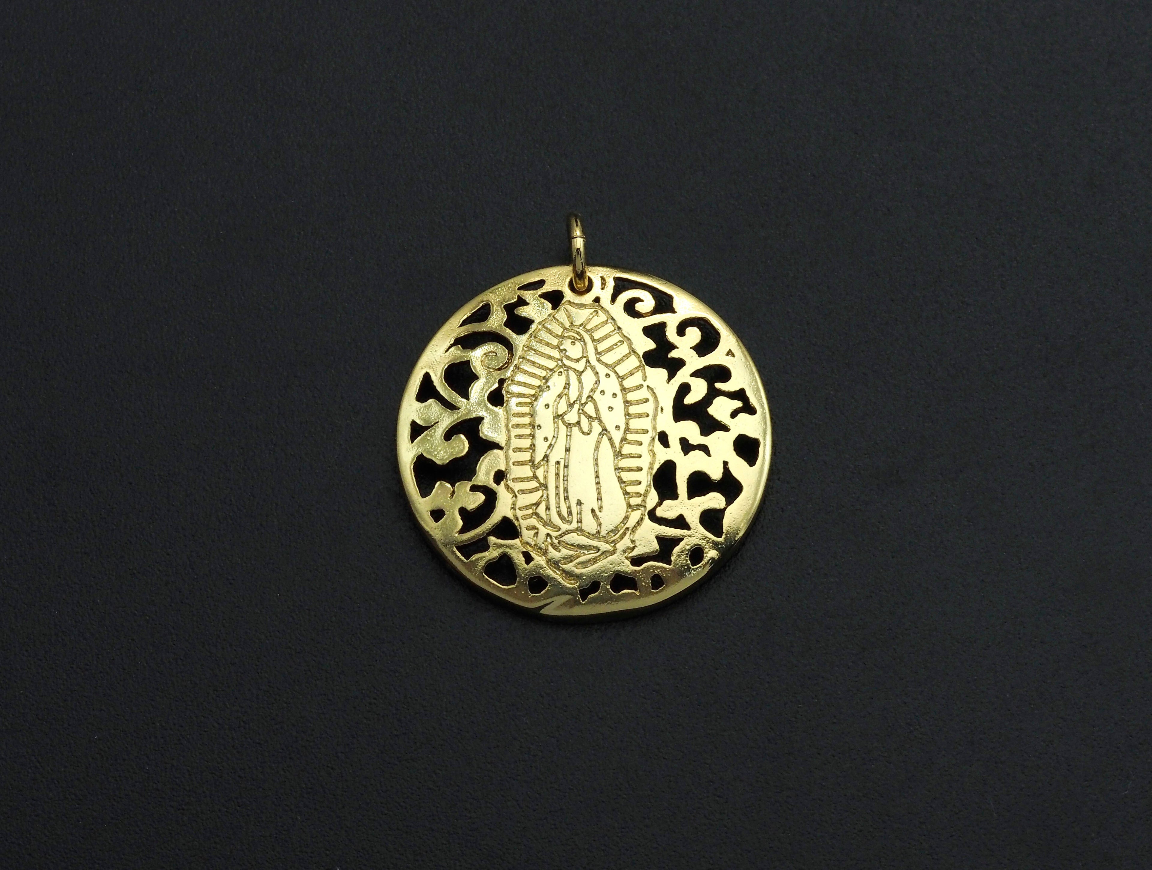 Mary Pendant/Charm, Filigree Mary Disc Pendant, Cubic Zirconia Pendant, Gold Tone, 25mm, Sku#FH23